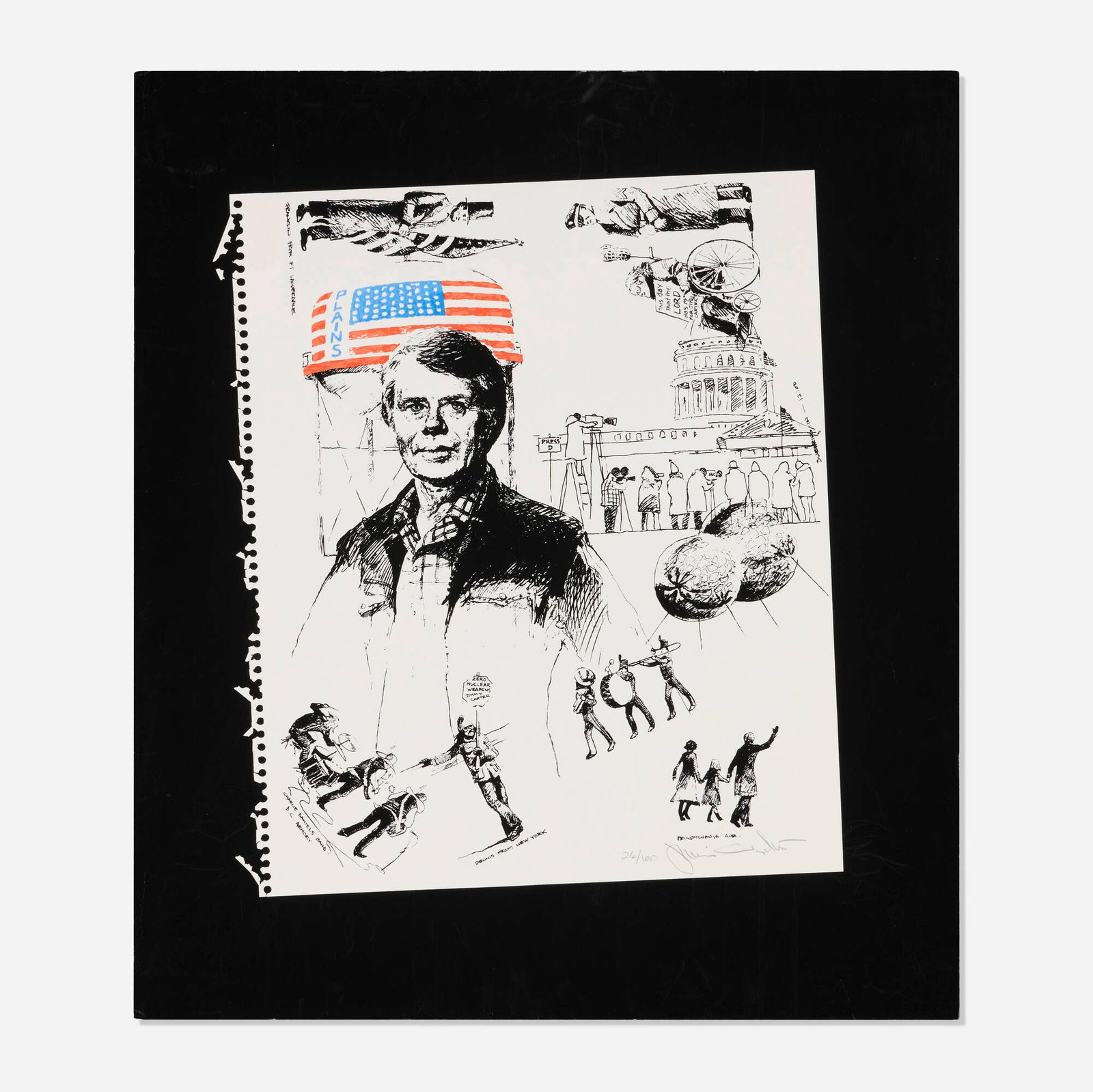 Jamie Wyeth, Jimmy Carter Inaugural (from the Inaugural Impressions portfolio): Jamie Wyeth Jimmy Carter Inaugural (from the Inaugural Impressions portfolio) 1977 screenprint in colors 23 h x 20 w in (58 x 51 cm) Signed and numbered to lower right '26/100 Jamie Wyeth'.