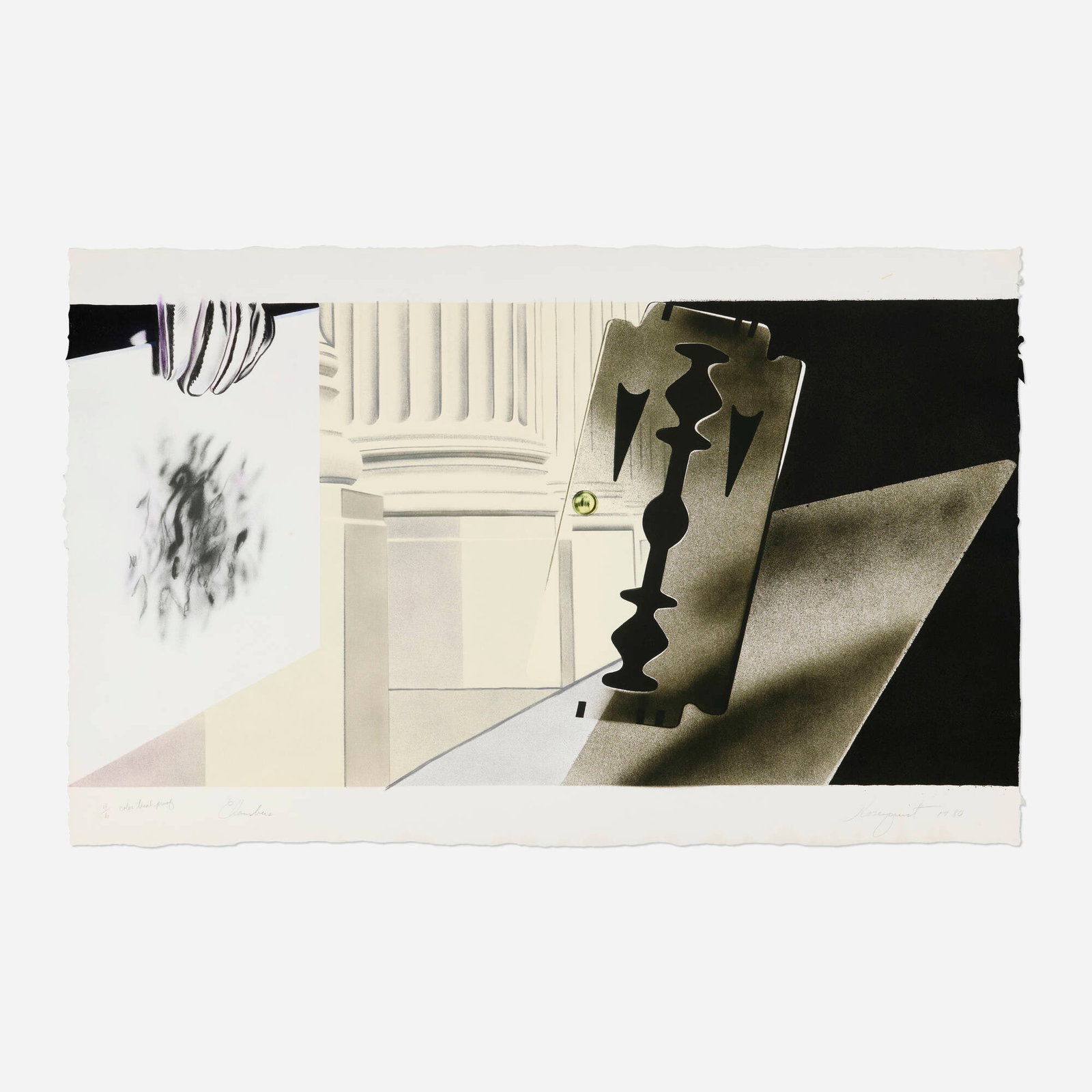 James Rosenquist, Chambers: James Rosenquist Chambers 1980 lithograph in colors on handmade Twinrocker image: 24.75 h x 47.25 w in (63 x 120 cm) sheet: 29.75 h x 47.75 w in (76 x 121 cm) Signed, titled, dated and numbe
