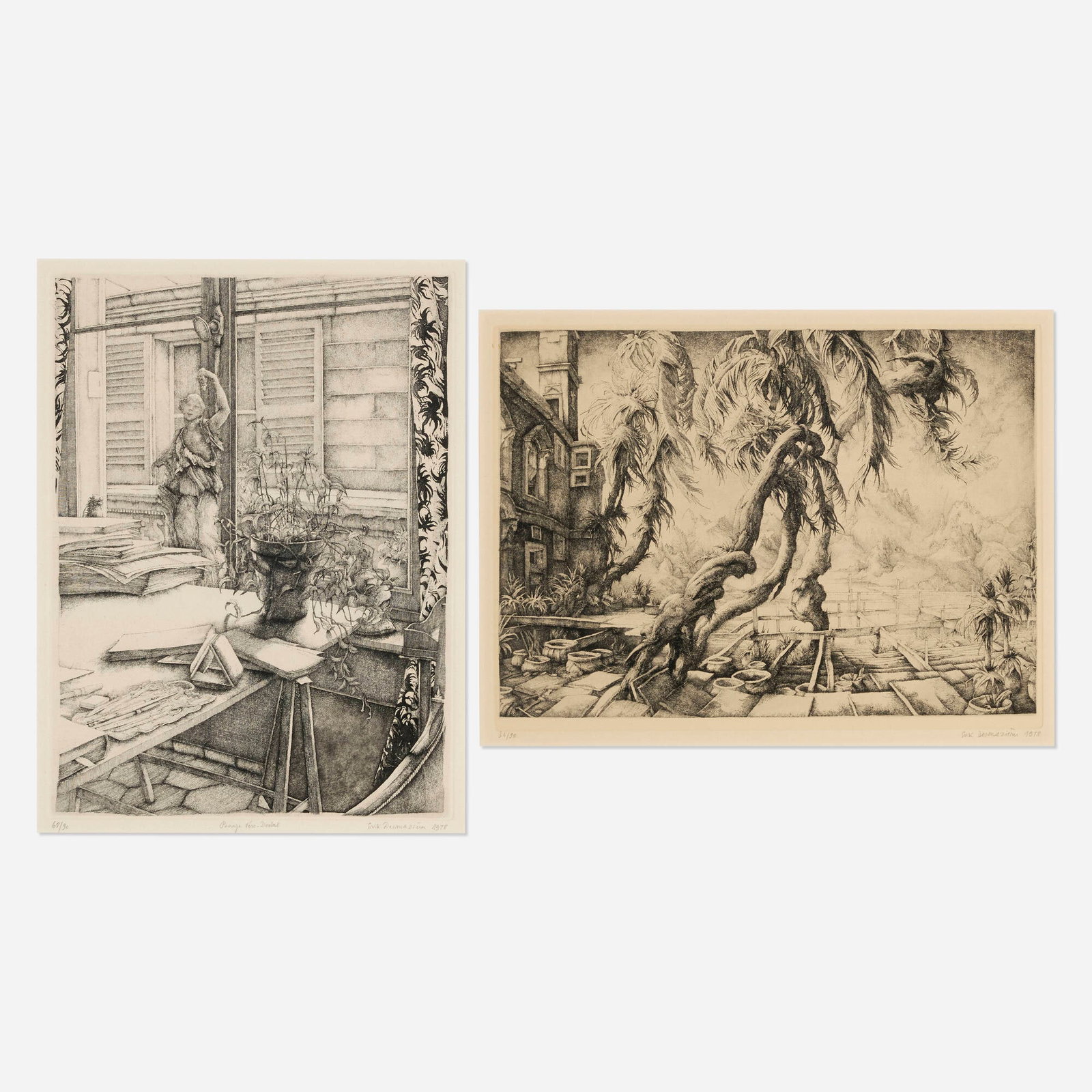 Erik Desmazieres, Passage Vero-Dodat; Jardin en Italie (two works): Erik Desmazieres Passage Vero-Dodat; Jardin en Italie (two works) 1978 etching image (each): 11.625 h x 8.5 w in (30 x 22 cm) sight (each): 12.25 h x 9.125 w in (31 x 23 cm) Signed, dated and