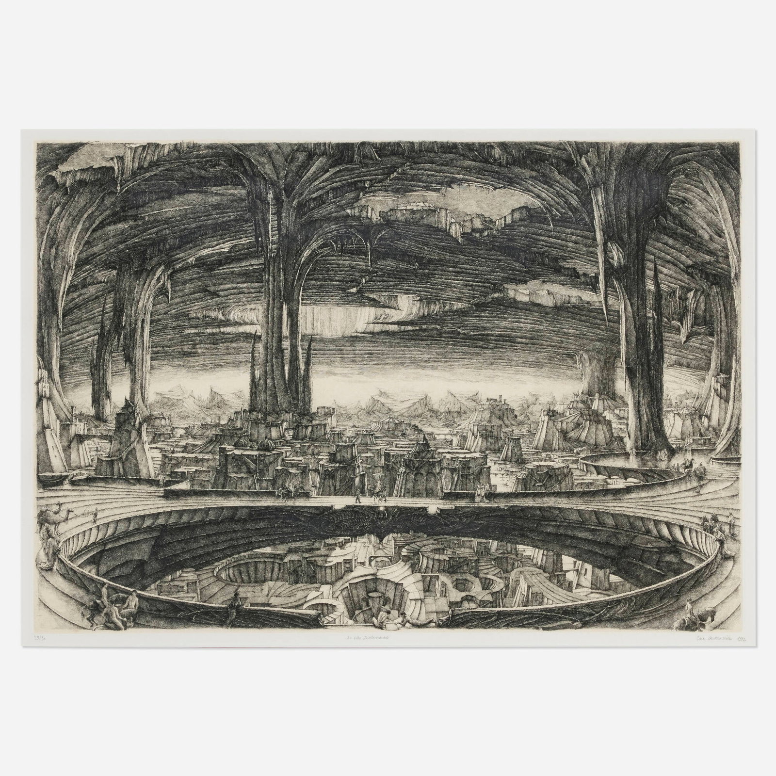 Erik Desmazieres, La ville souterraine: Erik Desmazieres La ville souterraine 1982 etching with Chine-colle image: 16.25 h x 23.5 w in (41 x 60 cm) sight: 17 h x 24.25 w in (43 x 62 cm) Signed, titled, dated and numbered to lower edge
