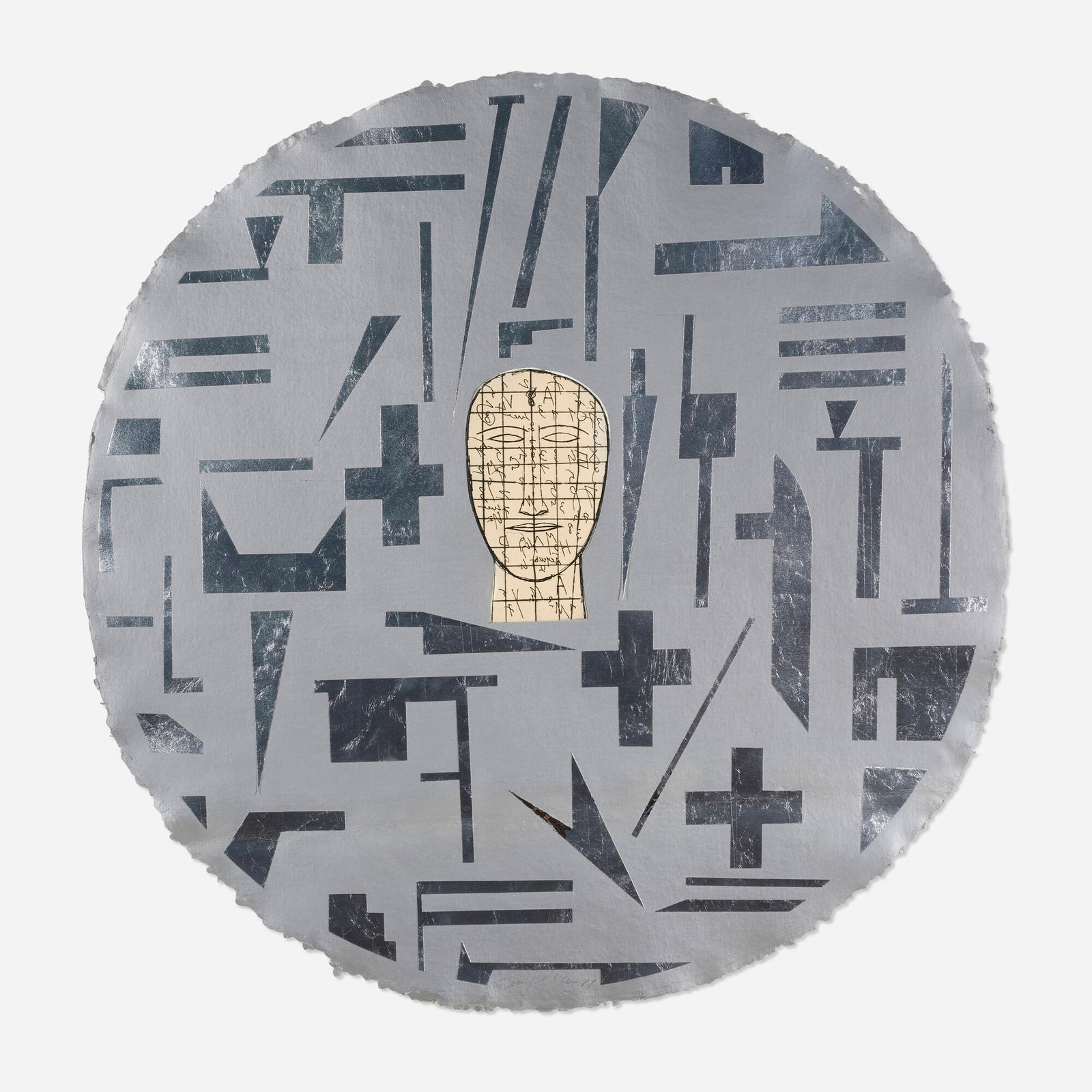 Mimmo Paladino, Shield 5: Mimmo Paladino Shield 5 1999 etching with screenprint and collage on Japon paper 47.5 h x 47.5 w in (121 x 121 cm) Signed, dated, and numbered to lower edge '9/20 Mimmo Paladino 99'. This
