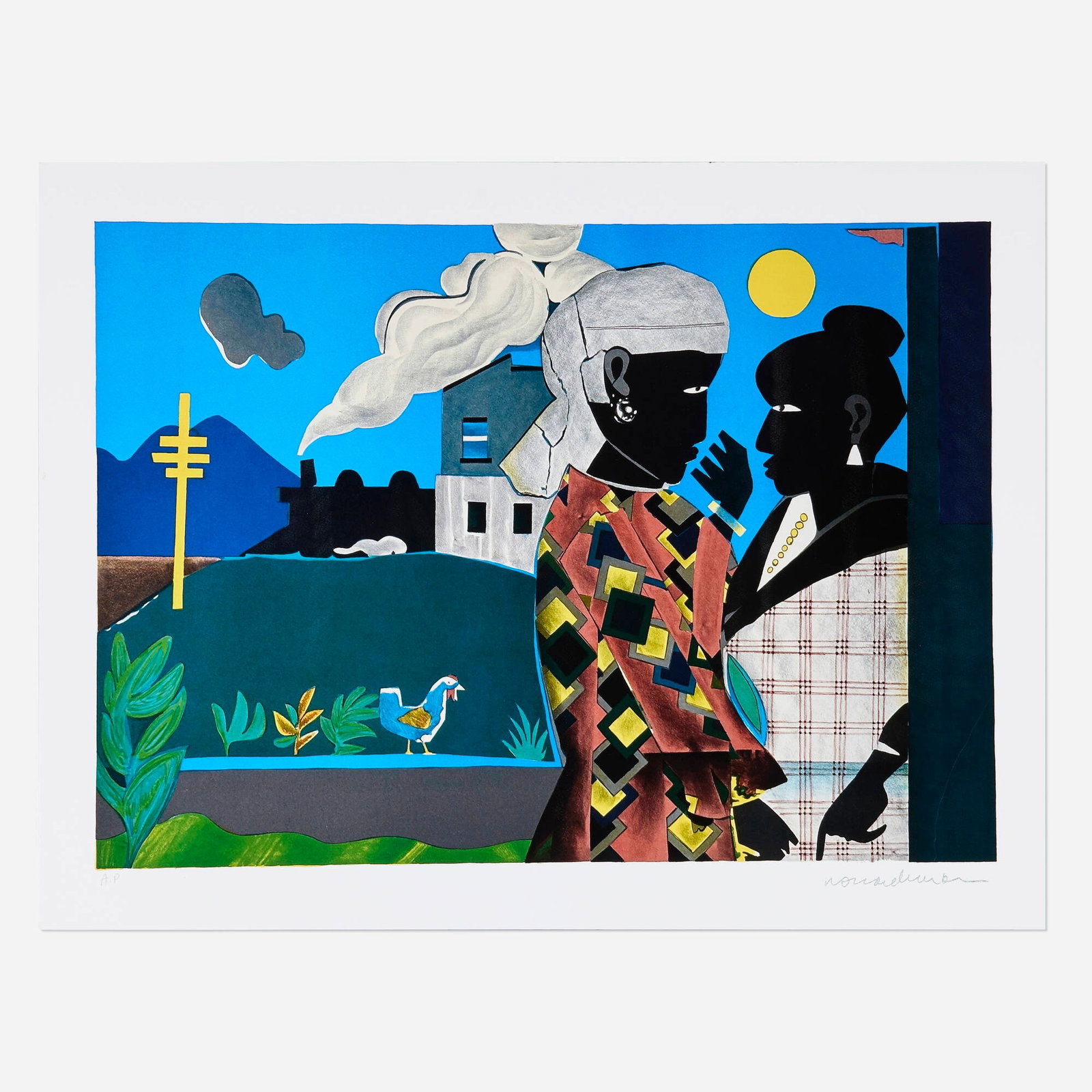 Romare Bearden, The Conversation: Romare Bearden The Conversation 1979 lithograph in colors image: 17.875 h x 25.125 w in (45 x 64 cm) sheet: 21.5 h x 28.25 w in (55 x 72 cm) Numbered to lower left 'A.P'. This work