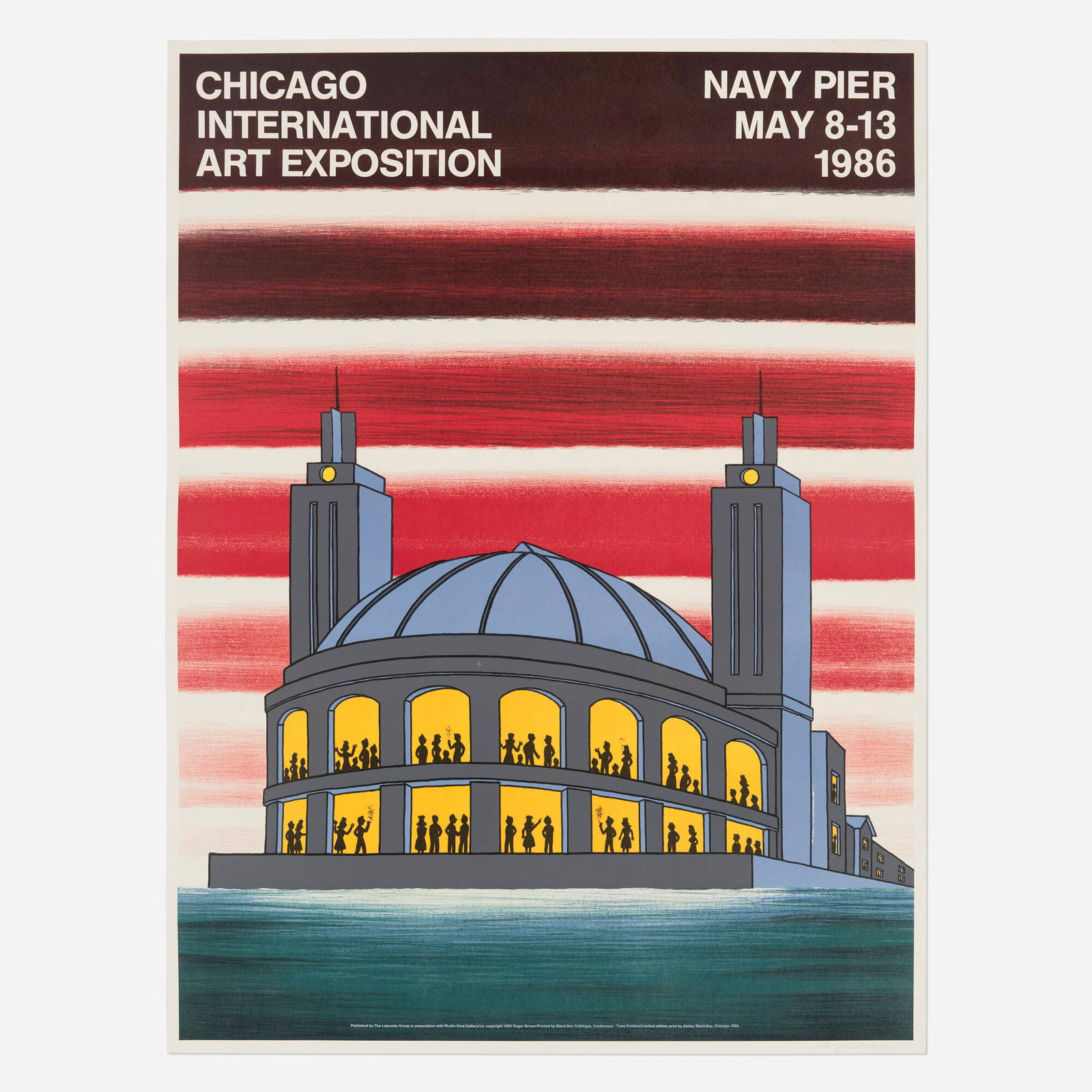 Roger Brown, Navy Pier exhibition poster: Roger Brown Navy Pier exhibition poster 1986 collotype in colors image: 35 h x 26 w in (89 x 66 cm) sheet: 36 h x 27 w in (91 x 69 cm) Signed to lower right 'Roger Brown'. This wor