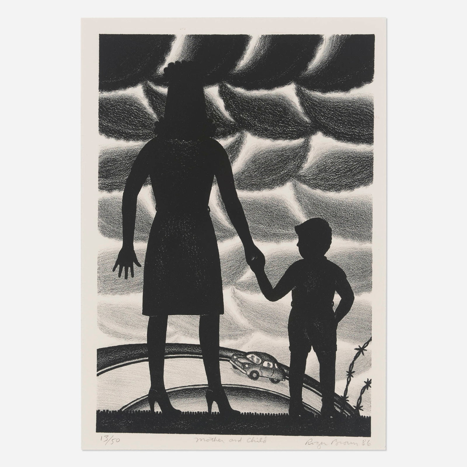 Roger Brown, Mother and Child: Roger Brown Mother and Child 1986 lithograph image: 13 h x 9 w in (33 x 23 cm) sight: 14.125 h x 10 w in (36 x 25 cm) Signed, titled, dated, and numbered to lower edge '13/50 Mother and