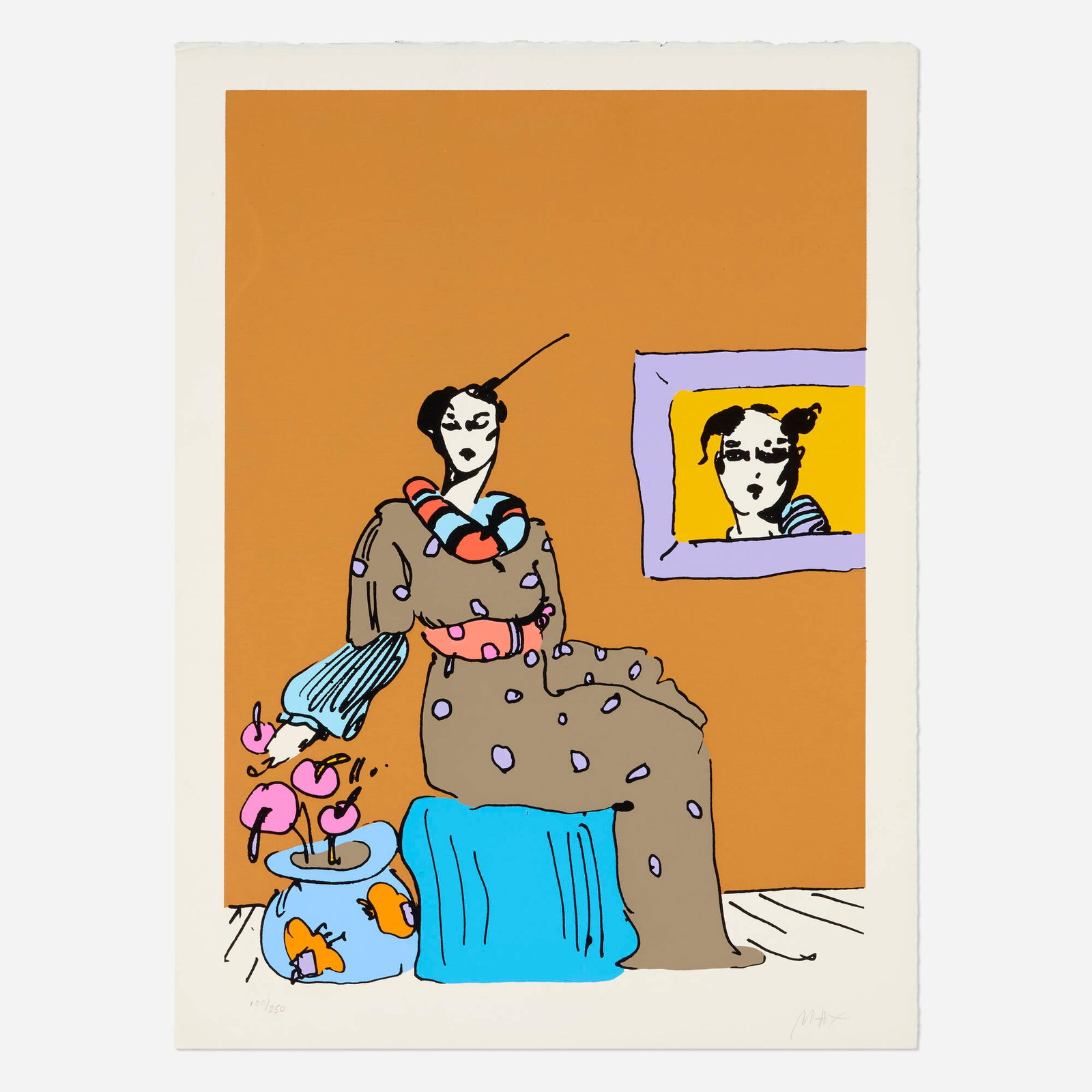 Peter Max, Lady with Portrait: Peter Max Lady with Portrait 1971 screenprint in colors image: 26.875 h x 19 w in (68 x 48 cm) sheet: 29.875 h x 22 w in (76 x 56 cm) Signed and numbered to lower edge '100/250 Max'