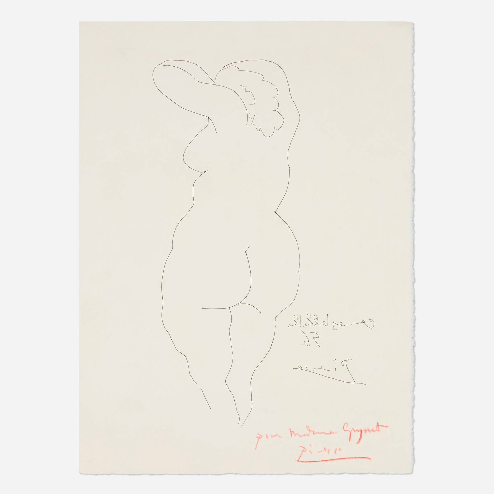 Pablo Picasso, Femme nue dos: Pablo Picasso Femme nue dos 1956 etching on Arches image: 14.875 h x 10.875 w in (38 x 28 cm) sheet: 17.5 h x 13 w in (44 x 33 cm) Signed and inscribed to lower right 'pour Madame Grynet