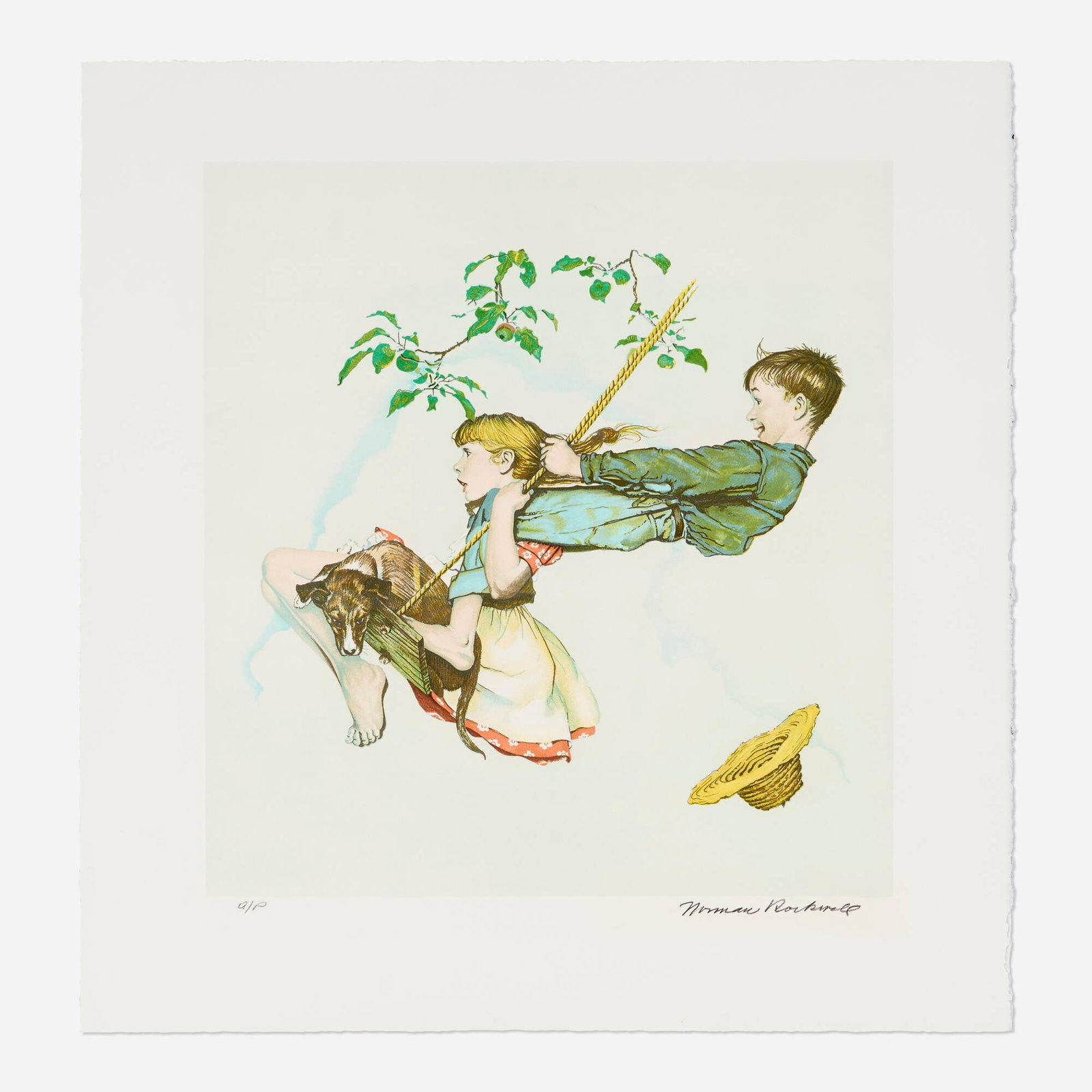 Norman Rockwell, The Swing: Norman Rockwell The Swing 1976 lithograph in colors image: 15.875 h x 15 w in (40 x 38 cm) sheet: 21 h x 20.25 w in (53 x 51 cm) Signed and numbered to lower edge 'A/P Norman Rockwell'.