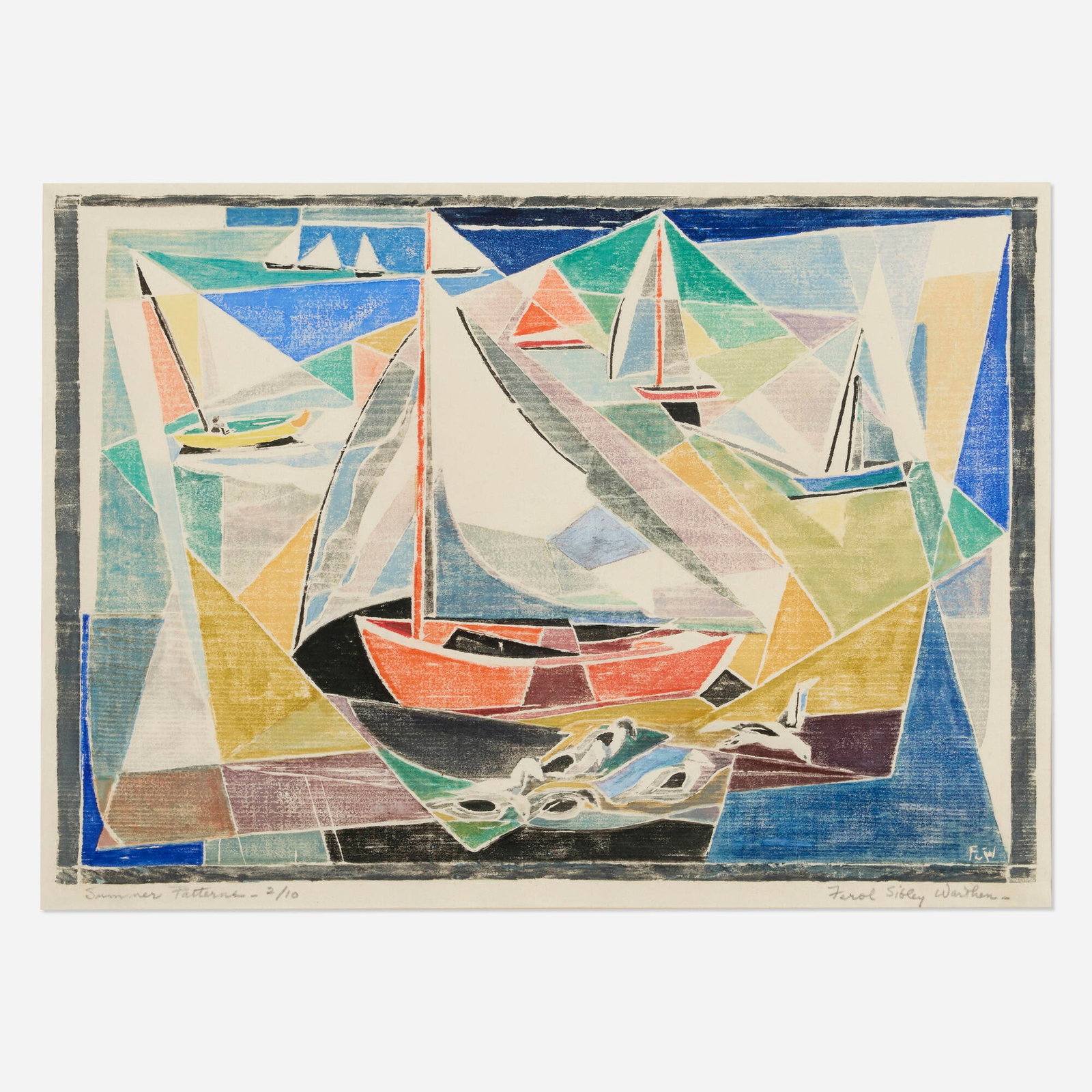 Ferol Warthen, Summer Patterns #2: Ferol Warthen Summer Patterns #2 woodcut in colors image: 12 h x 17.25 w in (30 x 44 cm) sight: 12.75 h x 17.75 w in (32 x 45 cm) Signed, titled and numbered to lower edge 'Summer Patterns -