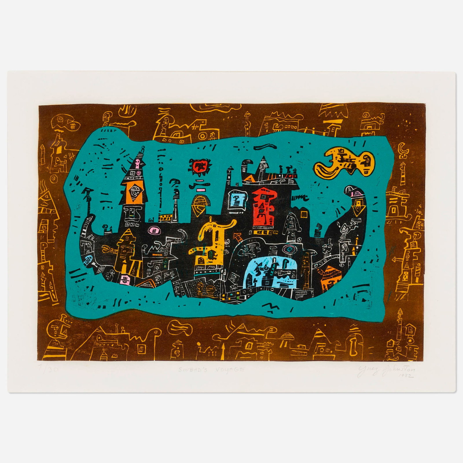 Ynez Johnston, Sinbad's Voyage: Ynez Johnston Sinbad's Voyage 1982 woodcut in colors image: 11.875 h x 18 w in (30 x 46 cm) sight: 15 h x 21 w in (38 x 53 cm) Signed, titled, dated and numbered to lower edge '7/30 Sinbad's