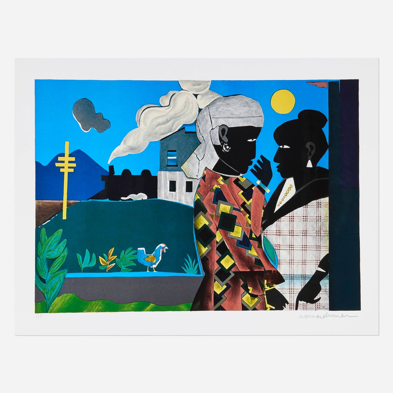 Romare Bearden, The Conversation: Romare Bearden The Conversation 1979 lithograph in colors image: 18 h x 25.25 w in (46 x 64 cm) sheet: 21.5 h x 28.25 w in (55 x 72 cm) Numbered to lower left 'A.P.'. This work is an