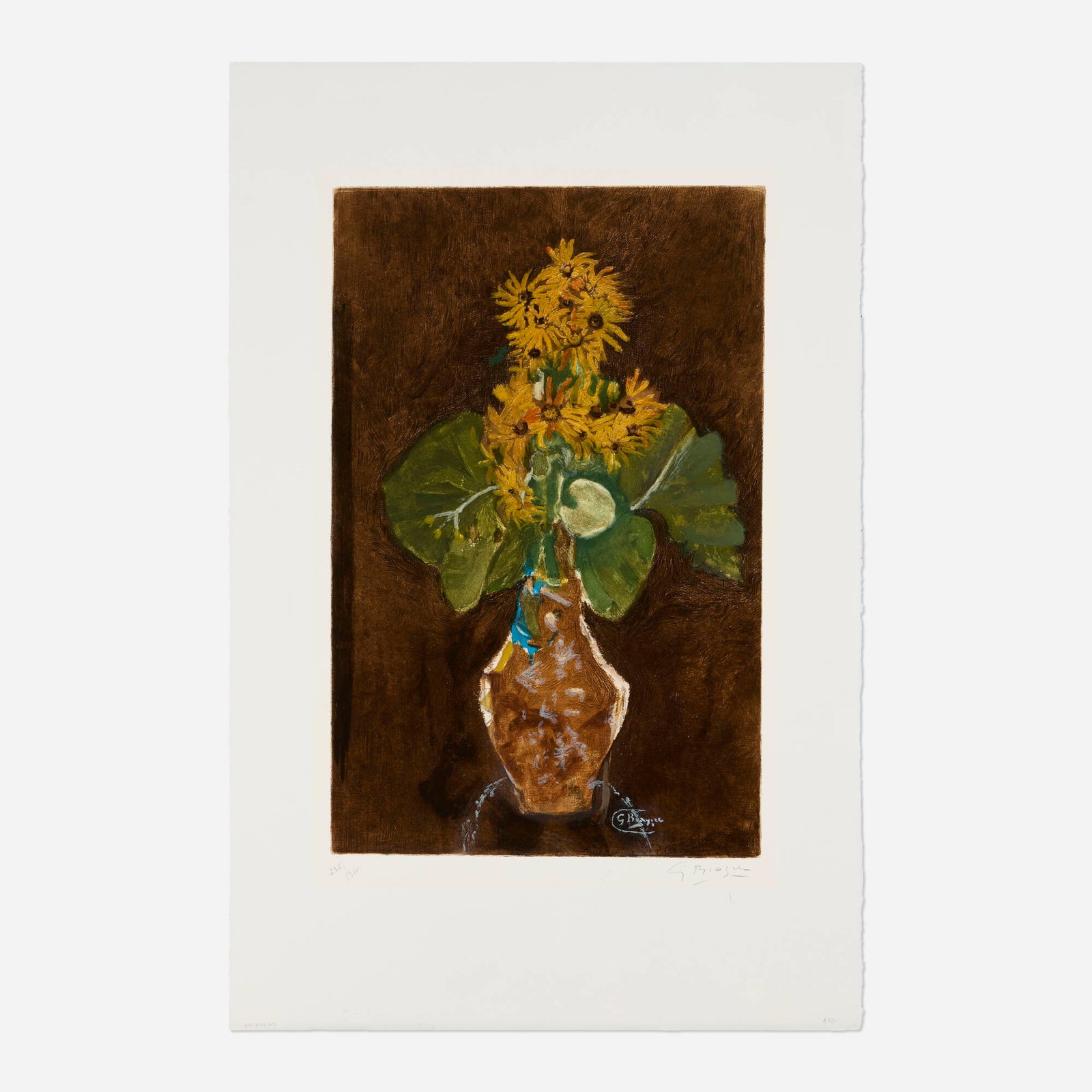 After Georges Braque, Les marguerites: After Georges Braque Les marguerites c. 1950 etching and aquatint in colors on BFK Rives image: 24.625 h x 16 w in (63 x 41 cm) sheet: 35.5 h x 23.5 w in (90 x 60 cm) Signed and numbered to lower