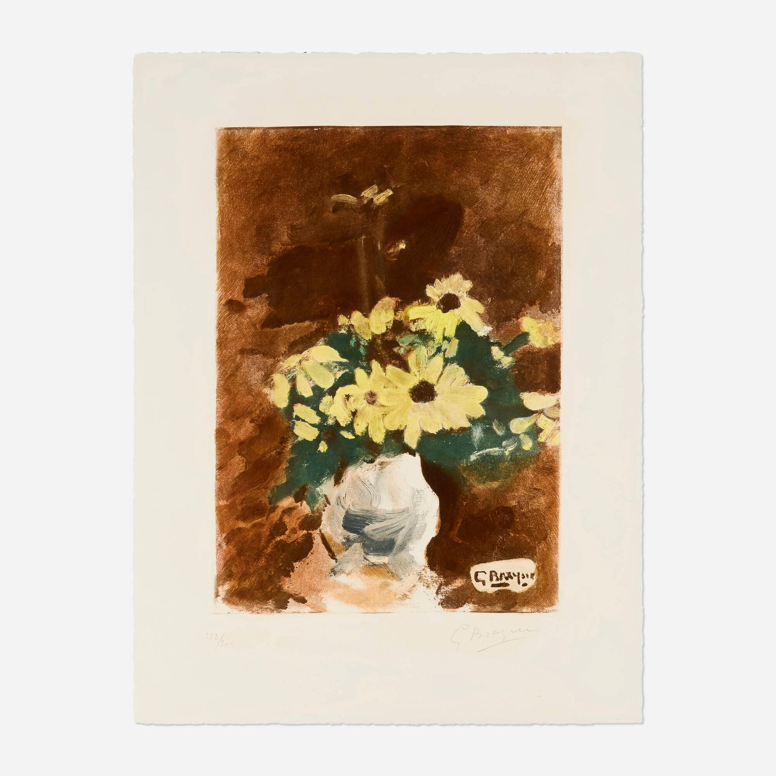 After Georges Braque, Vase de fleurs jaunes: After Georges Braque Vase de fleurs jaunes c. 1955 etching in colors on BFK Rives image: 19 h x 13.5 w in (48 x 34 cm) sheet: 26 h x 19.5 w in (66 x 50 cm) Signed and numbered to lower edge