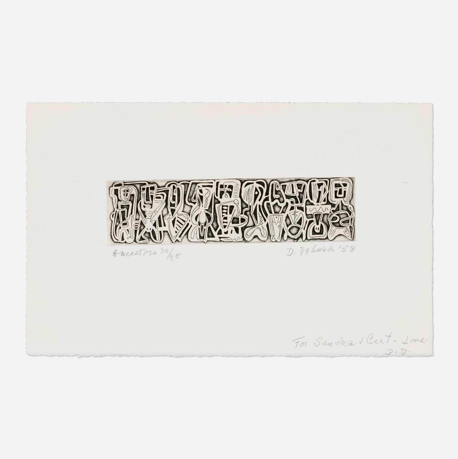 Dorothy Dehner, Ancestors: Dorothy Dehner Ancestors 1953 etching image: 2.125 h x 8 w in (5 x 20 cm) sheet: 8.125 h x 13 w in (21 x 33 cm) Signed, titled, dated, numbered, and inscribed to lower edge 'Ancestors 30/35 D.