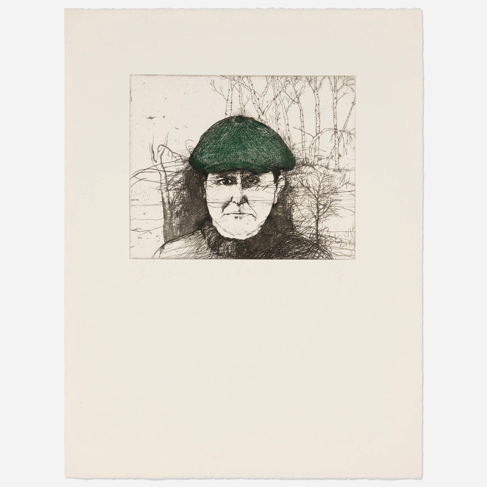 Jim Dine, Self-Portrait in a Flat Cap (the green cap): Jim Dine Self-Portrait in a Flat Cap (the green cap) 1974 etching in colors on Arches image: 10.125 h x 12.5 w in (26 x 32 cm) sheet: 26.75 h x 19.75 w in (68 x 50 cm) Signed, dated, and num