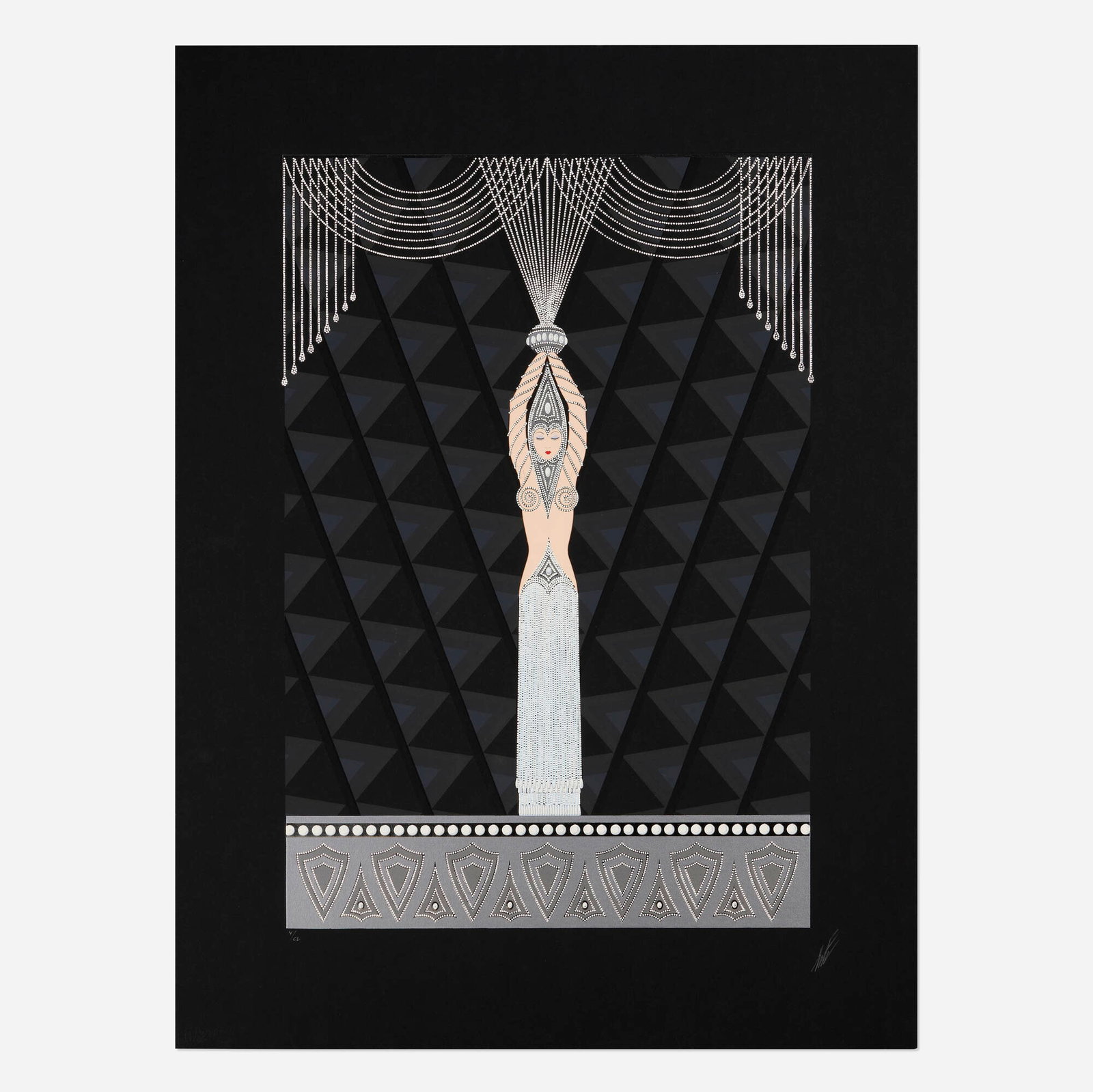 Erte (Romain de Tirtoff), Pearls and Diamonds: Erte (Romain de Tirtoff) Pearls and Diamonds 1986 embossed screenprint in colors image: 28.625 h x 19.375 w in (73 x 49 cm) sheet: 37 h x 27.375 w in (94 x 70 cm) Signed and numbered to lowe