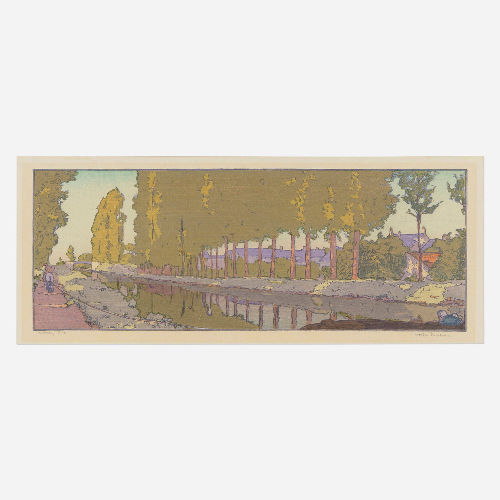 F. Morley Fletcher, The Waterway: F. Morley Fletcher The Waterway 1905 woodcut in colors image: 6.125 h x 16.25 w in (16 x 41 cm) sheet: 7.25 h x 17.75 w in (18 x 45 cm) Signed, titled, and numbered to lower edge 'Water