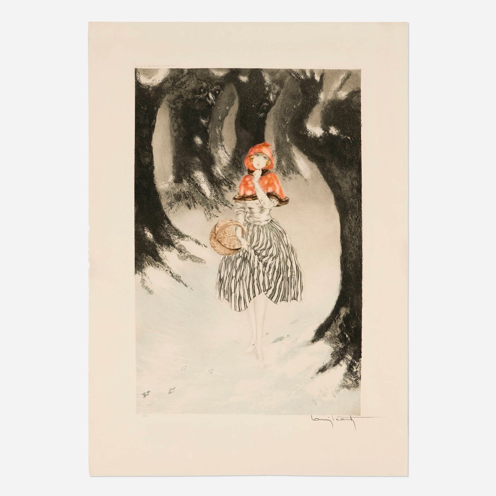 Louis Icart, Red Riding Hood: Louis Icart Red Riding Hood 1927 etching and aquatint in colors image: 20.25 h x 13.25 w in (51 x 34 cm) sheet: 26.5 h x 18.75 w in (67 x 48 cm) Signed and inscribed to lower edge '216