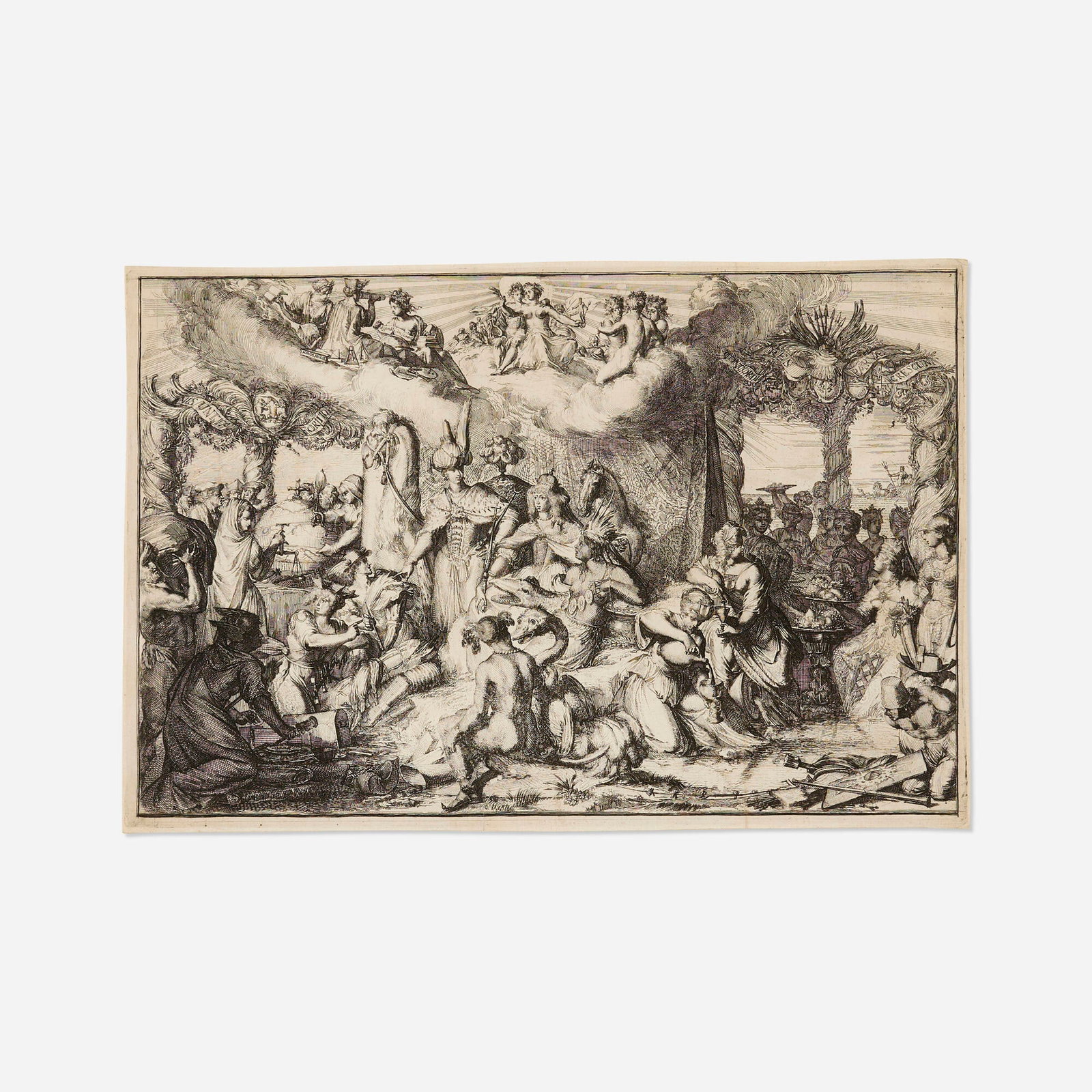 Romeyn de Hooghe, Allegory of the Four Parts of the Earth: Romeyn de Hooghe Allegory of the Four Parts of the Earth engraving image: 8.75 h x 13.5 w in (22 x 34 cm) sheet: 9.25 h x 13.75 w in (23 x 35 cm) Provenance: R. S. Johnson Fine A