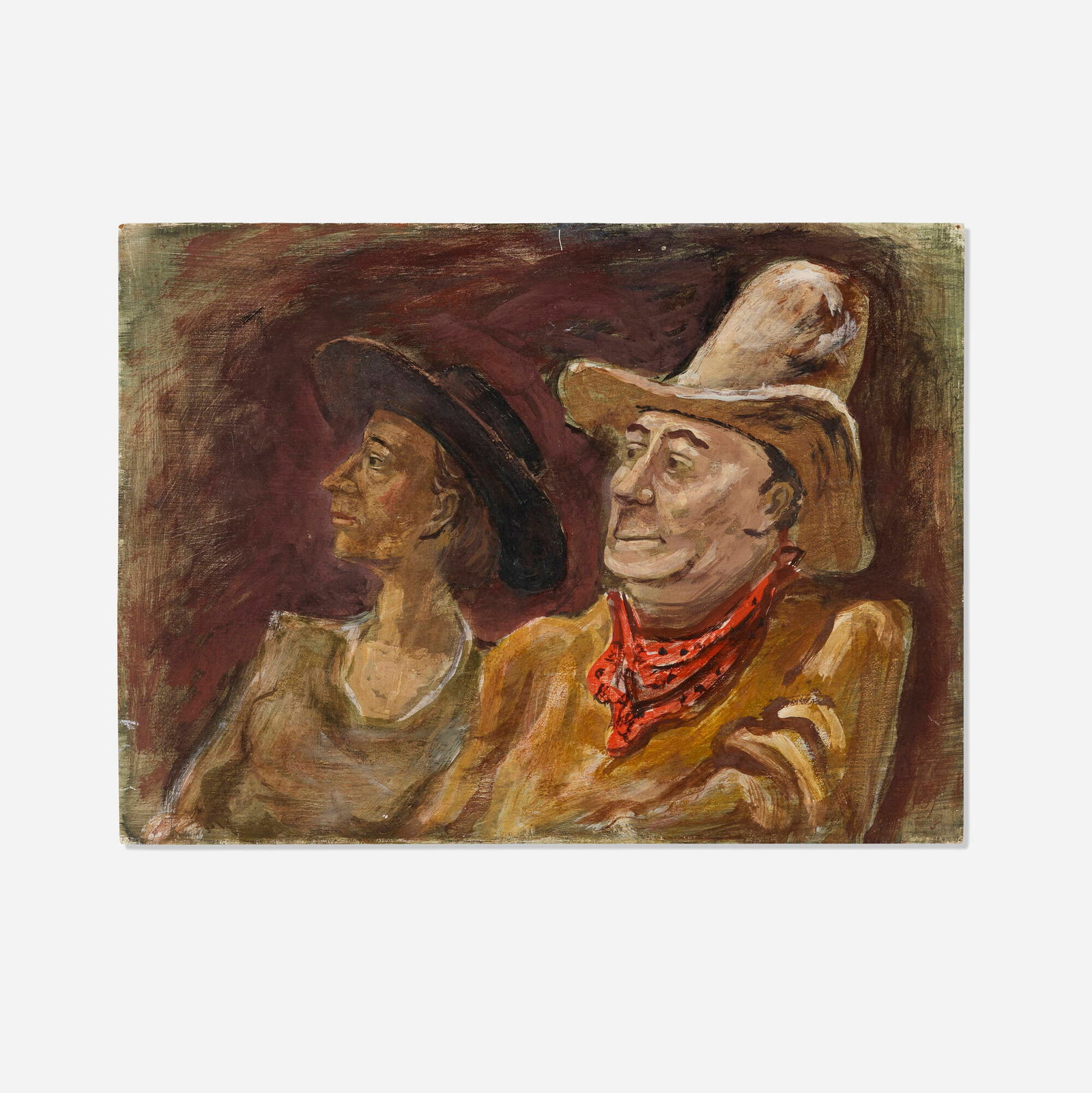 Arnold Blanch, Untitled (Western Couple): Arnold Blanch Untitled (Western Couple) oil on Masonite 8.875 h x 12 w x 0.125 d in (23 x 30 x 0 cm) Provenance: The Artist | Estate of Doris Lee | Private Collection | Thence by de