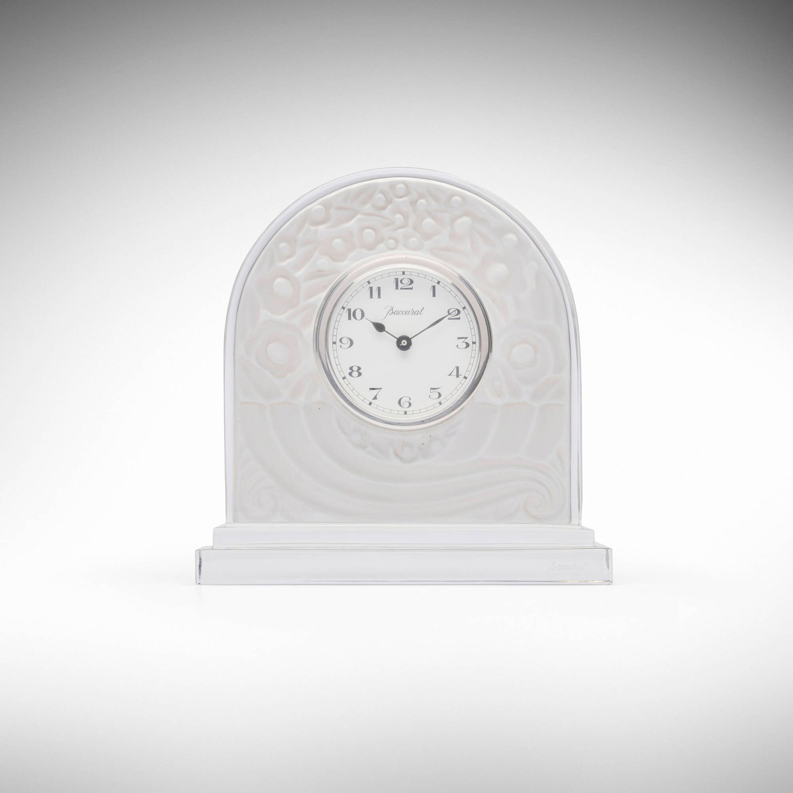 Baccarat, Basket of Abundance desk clock: Baccarat Basket of Abundance desk clock France, c. 1990 frosted and clear glass 6.375 h x 6.25 w x 1.875 d in (16 x 16 x 5 cm) Printed manufacturer's mark to face 'Baccarat'. Impressed 