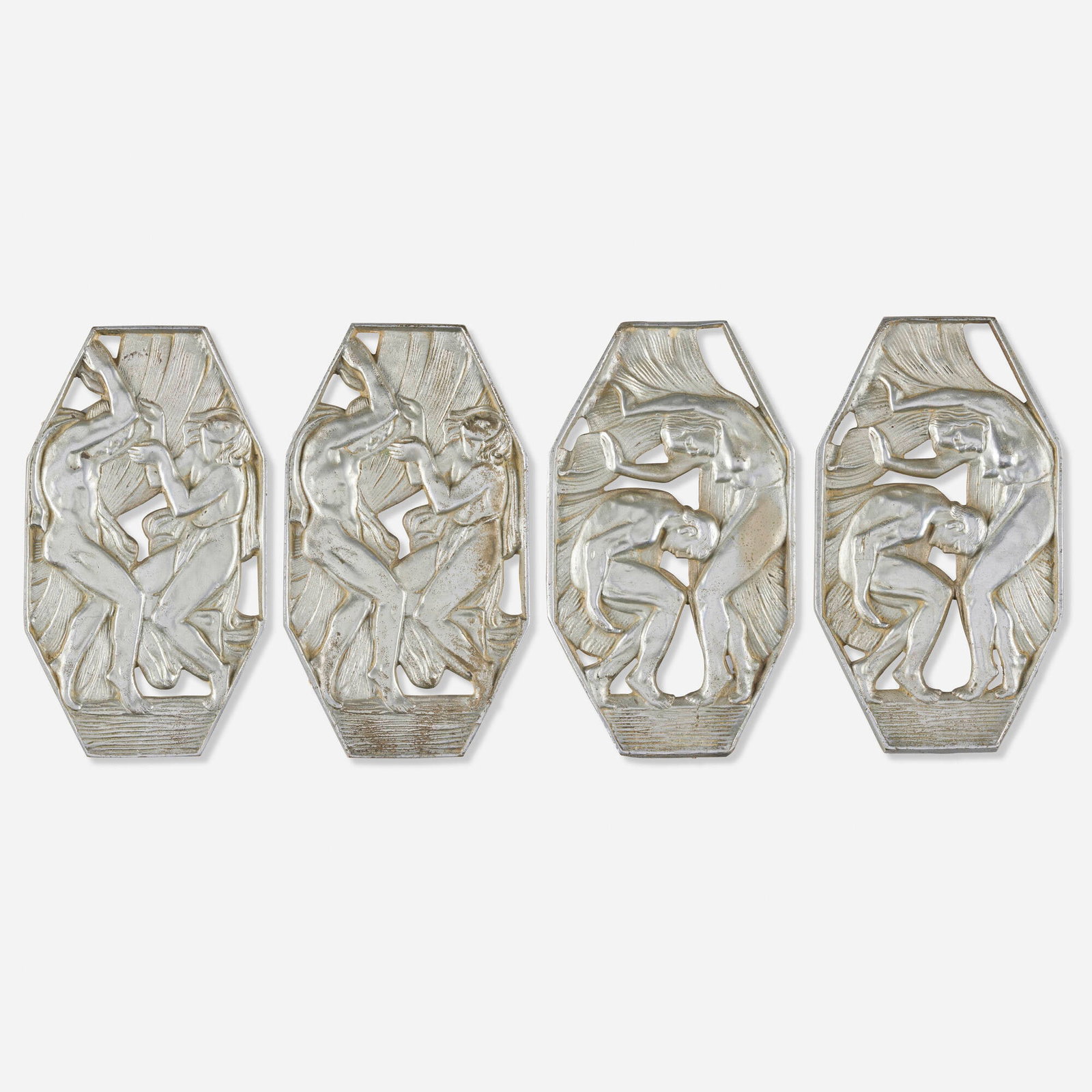 Art Deco, Decorative plaques with nude figures, set of four: Art Deco Decorative plaques with nude figures, set of four c. 1925 nickel-plated bronze 11.25 h x 6.375 w x 0.5 d in (29 x 16 x 1 cm) This work will ship from Lambertville, New Jersey.