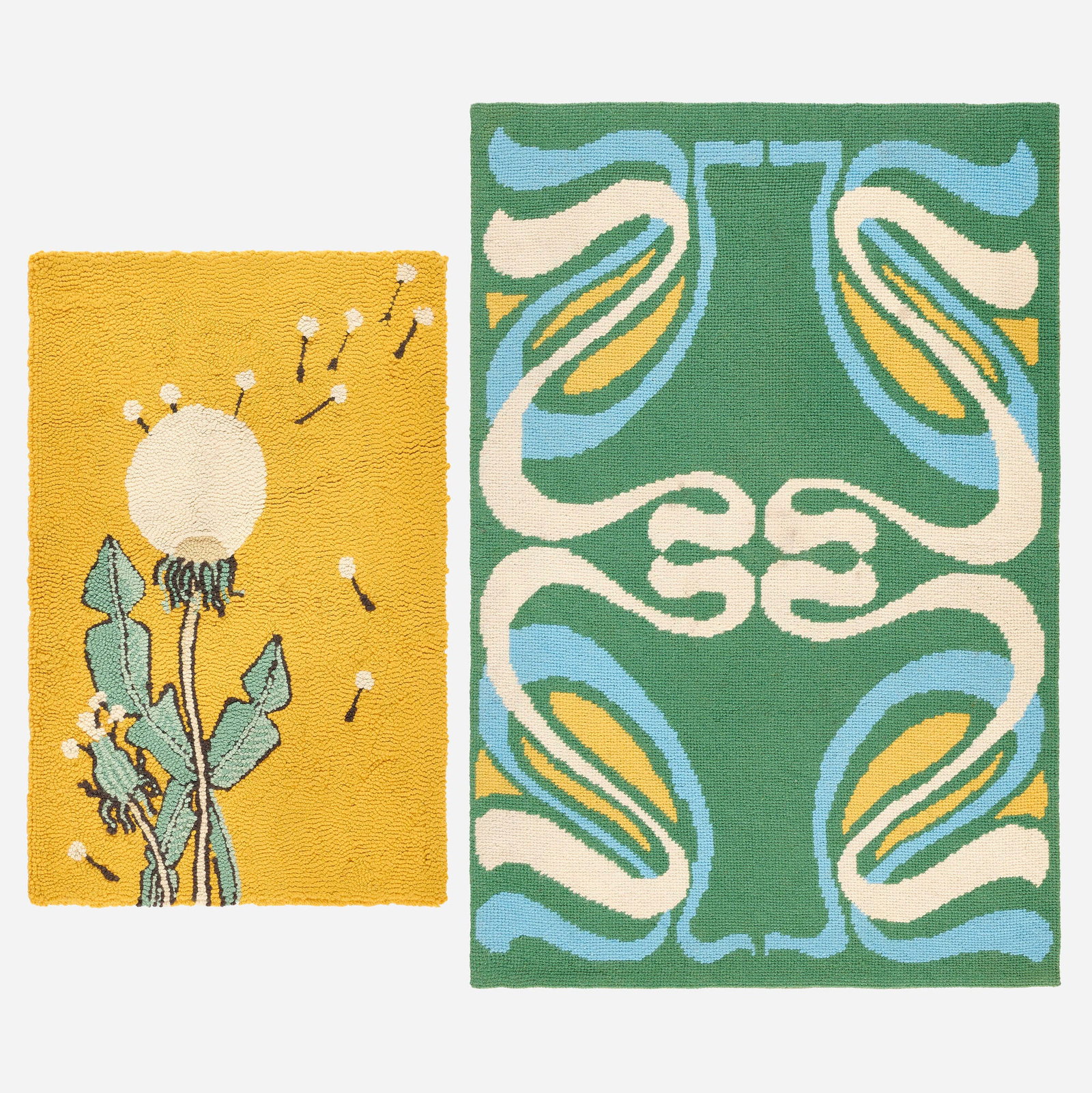 Arts & Crafts Style, Rugs, set of two: Arts & Crafts Style Rugs, set of two second half of the 20th century hand-hooked wool 2'11" x 4'3" in (89 x 130 cm) 2' x 3'1" in (61 x 94 cm) Printed manufacturer's mark to selvedge of one exampl