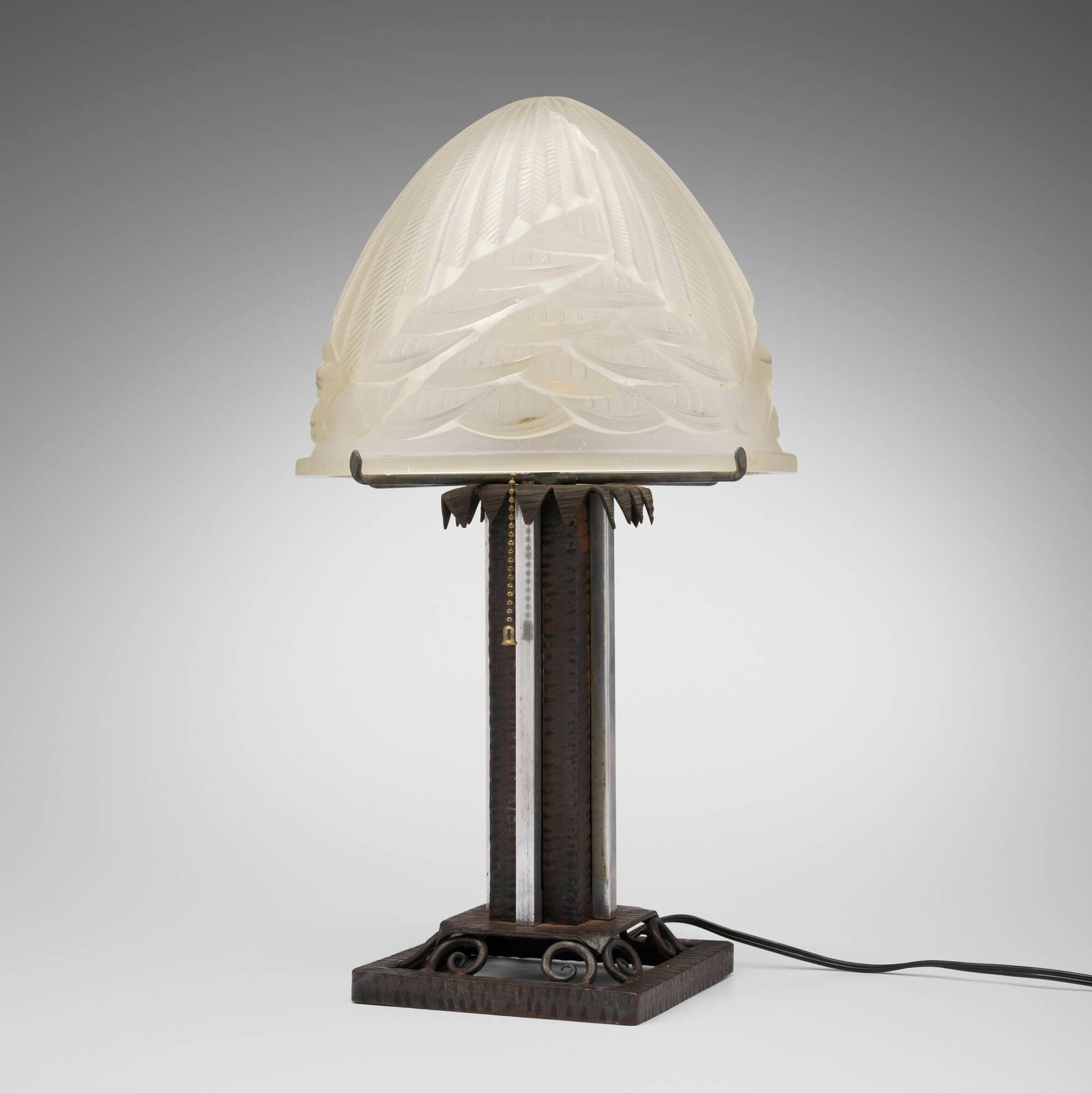 Schneider, Art Deco table lamp: Schneider Art Deco table lamp France, c. 1925 wrought iron, cast glass, nickel-plated metal 17.5 h x 10 dia in (44 x 25 cm) Cast manufacturer's mark and number to rim of shade 'Schneider Fra
