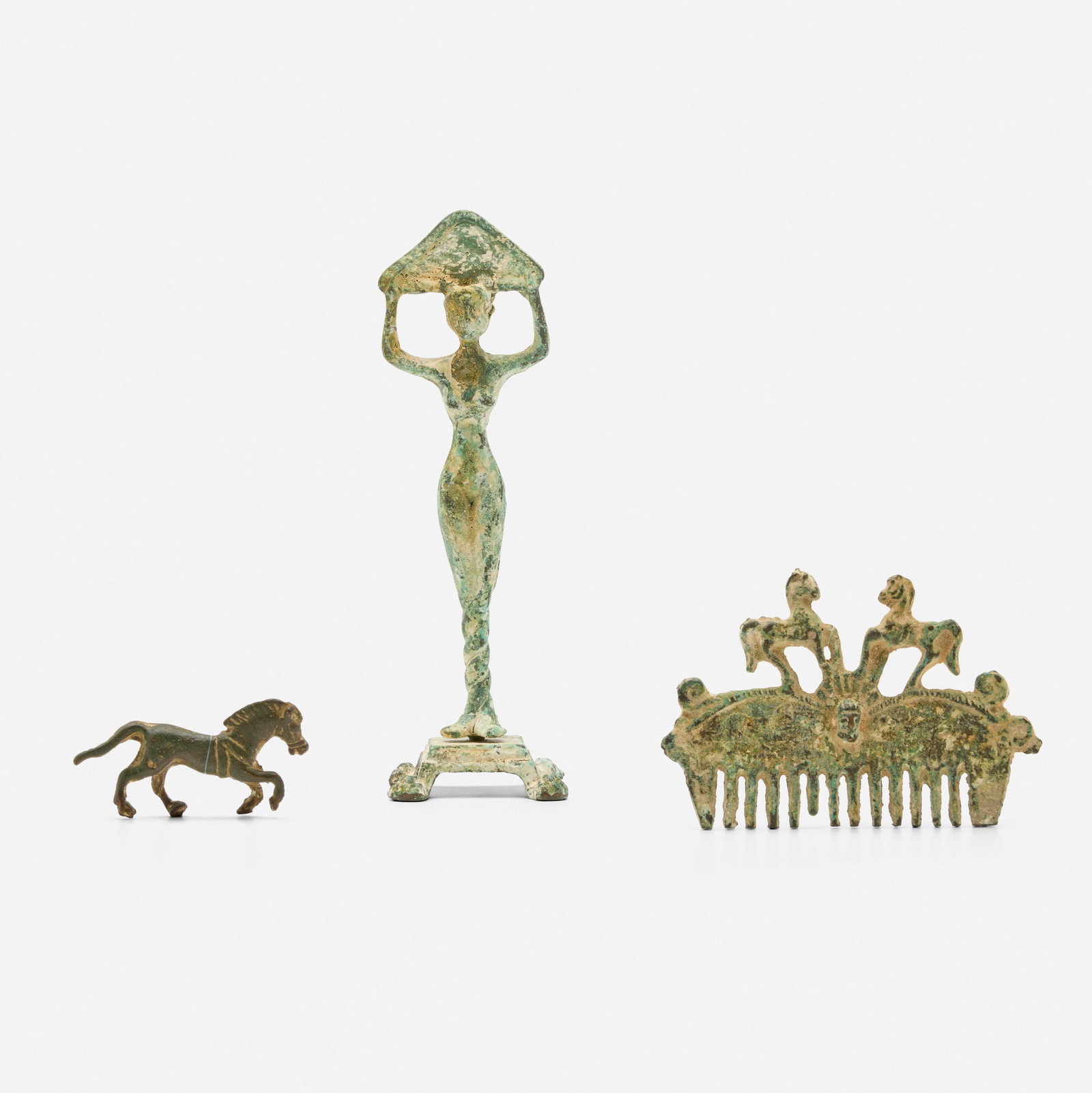 After the Antique, Collection of three works: After the Antique Collection of three works 19th-20th century bronze 9.25 h x 2.5 w x 2.5 d in (23 x 6 x 6 cm) 3.5 h x 5.25 w x 0.5 d in (9 x 13 x 1 cm) 1.5 h x 3.25 w x 0.75 d in (4 x 8 x 2 cm) Coll