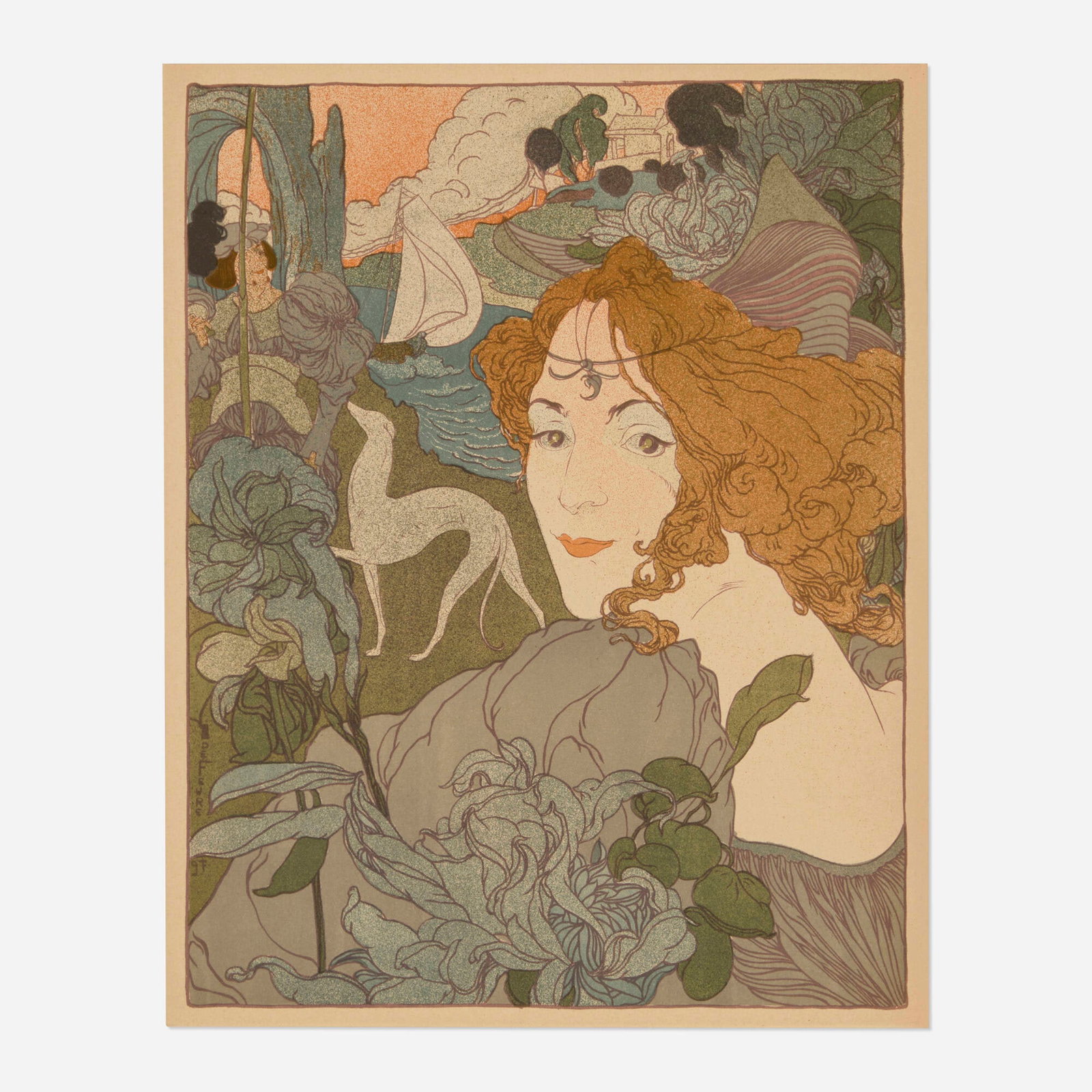 Georges de Feure, Retour (Return) (from L'Estampe moderne, no. 2): Georges de Feure Retour (Return) (from L'Estampe moderne, no. 2) 1897 lithograph in colors image: 12.75 h x 10 w in (32 x 25 cm) sight: 13.5 h x 10.5 w in (34 x 27 cm) An example of this work is in th