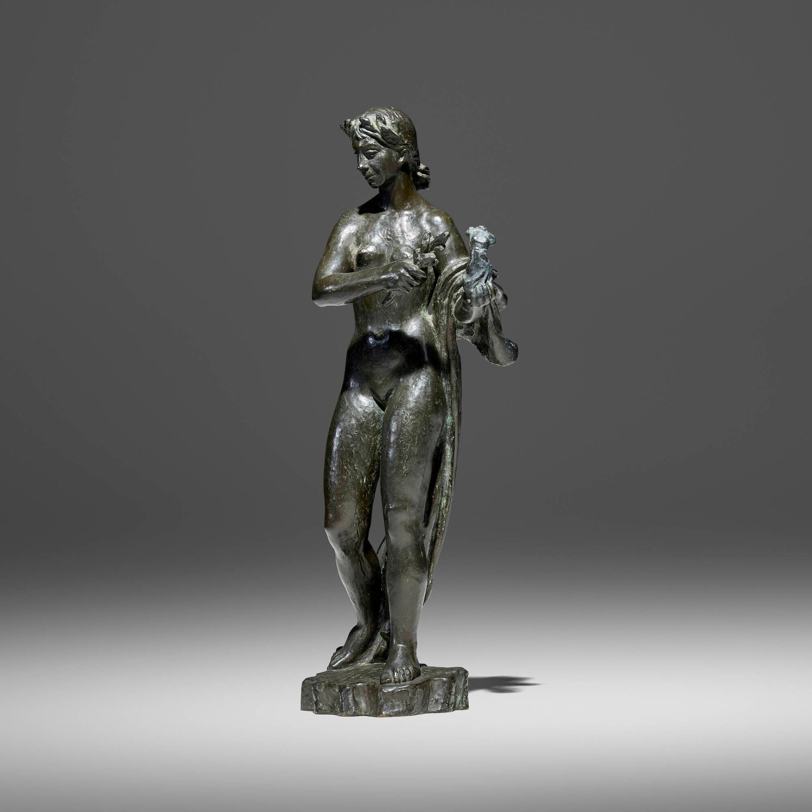 Bretislav Benda, Standing Female Nude (sculpture): Bretislav Benda Standing Female Nude (sculpture) bronze 26 h x 13 w x 9.5 d in (66 x 33 x 24 cm) Impressed signature to lower edge 'B. Benda'. This work will ship from Los Angeles, Cali