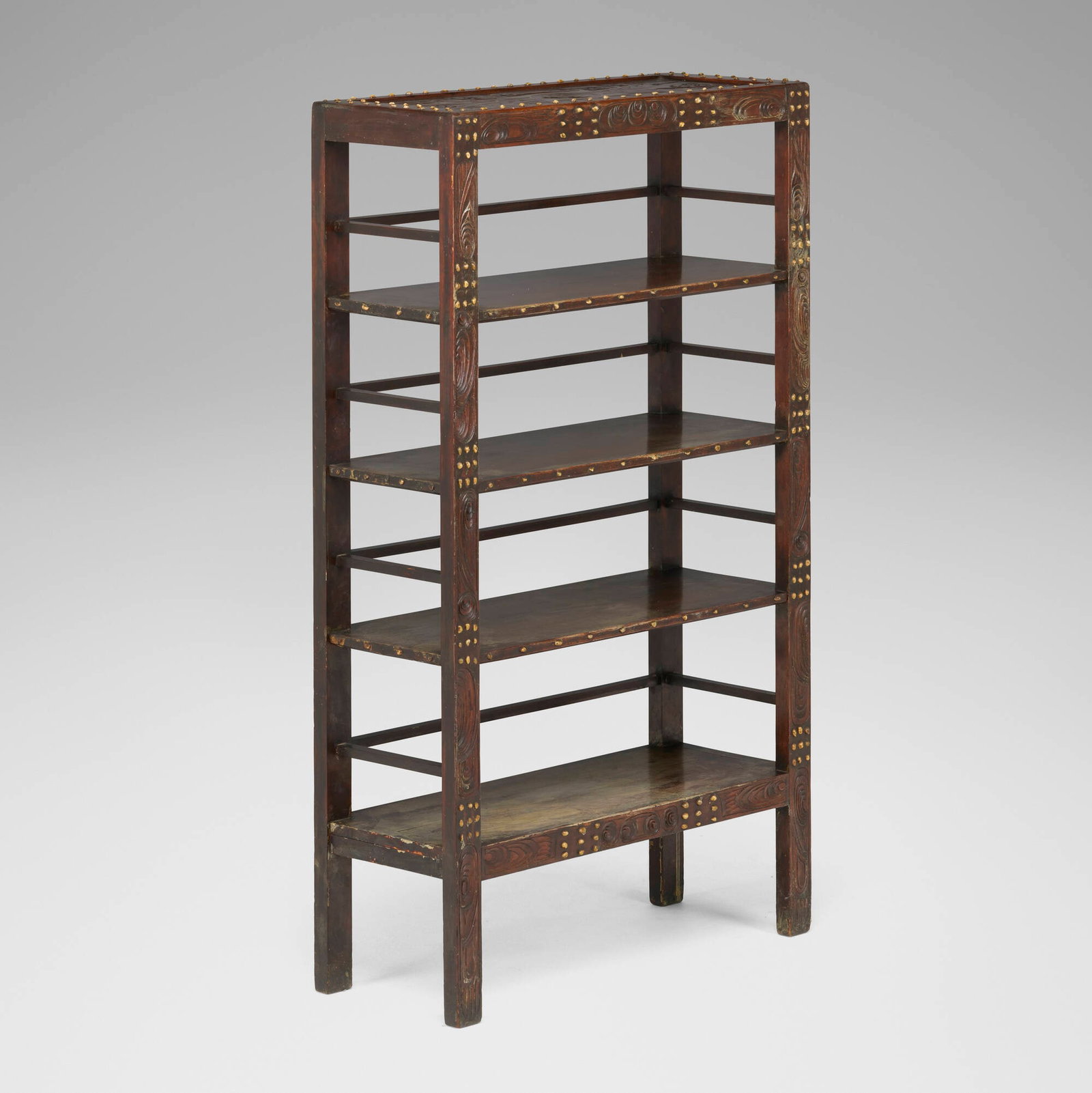 Arts & Crafts, Bookshelf: Arts & Crafts Bookshelf c. 1900 carved and lacquered wood, pebbles 52.5 h x 30.25 w x 11.5 d in (133 x 77 x 29 cm) This work will ship from Lambertville, New Jersey.