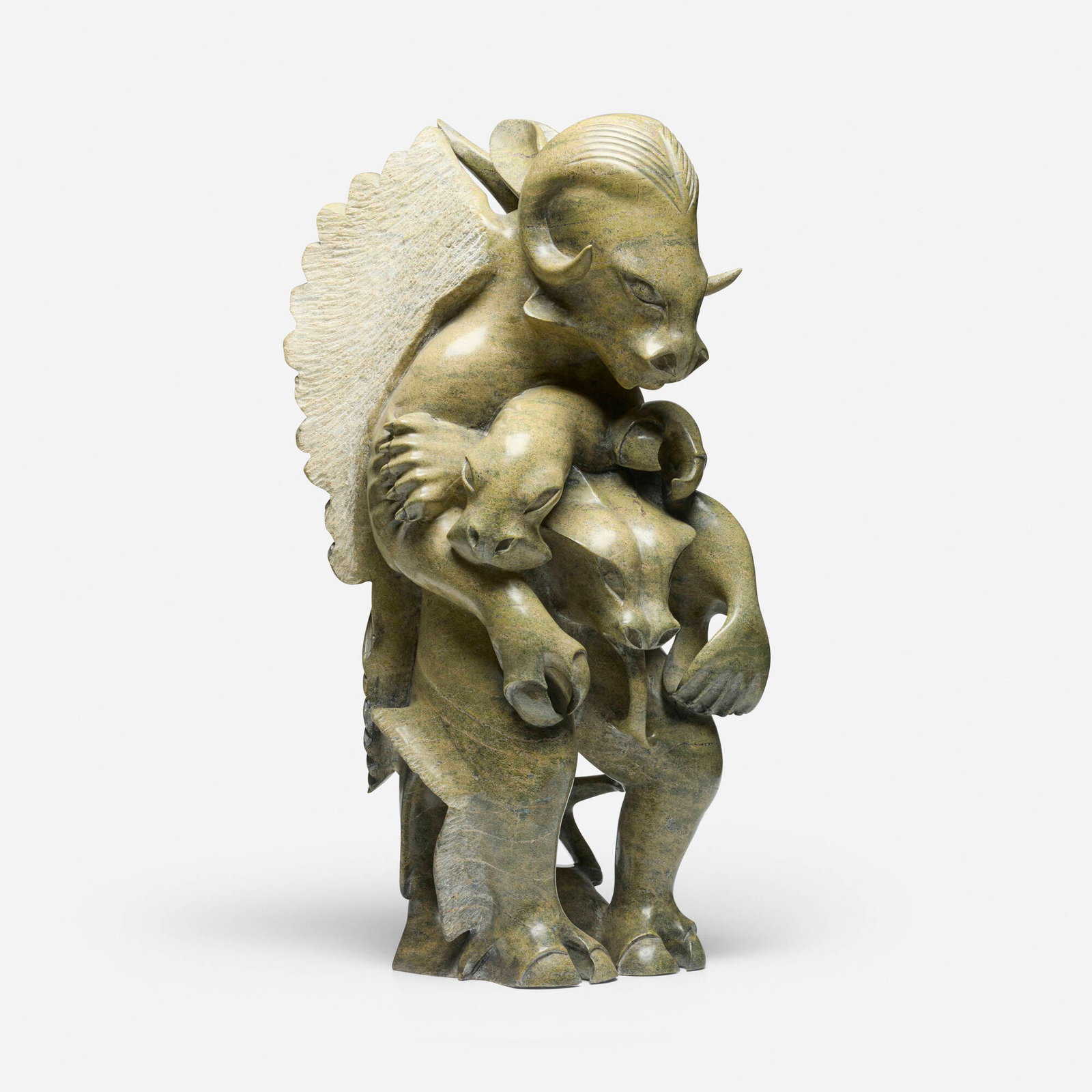 Inuit, Muskox Embracing Small Animals (sculpture): Inuit Muskox Embracing Small Animals (sculpture) 1999 serpentine 30.5 h x 13 w x 13 d in (77 x 33 x 33 cm) Incised syllabic signature and date to underside '1999'. Provenance: Property from t