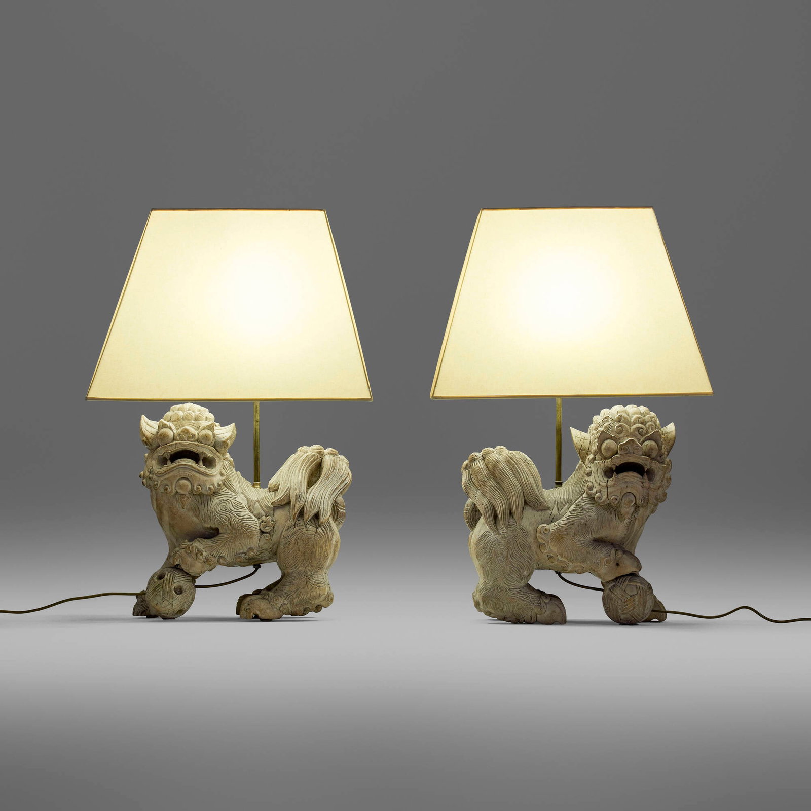 Chinoiserie Style, Fu dog table lamps, pair: Chinoiserie Style Fu dog table lamps, pair 20th century cerused wood, parchment shade 32.5 h x 22.25 w x 14 d in (83 x 57 x 36 cm) This work will ship from Los Angeles, California.