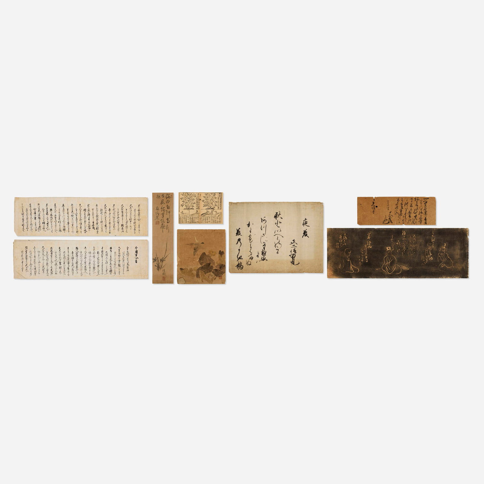 Japanese, Collection of eight calligraphy scrolls and paintings: Japanese Collection of eight calligraphy scrolls and paintings 19th century and earlier ink on paper, ink on canvas and woodcut sheet (largest): 29 h x 16.75 w in (74 x 43 cm) sheet (smallest): 11.75 