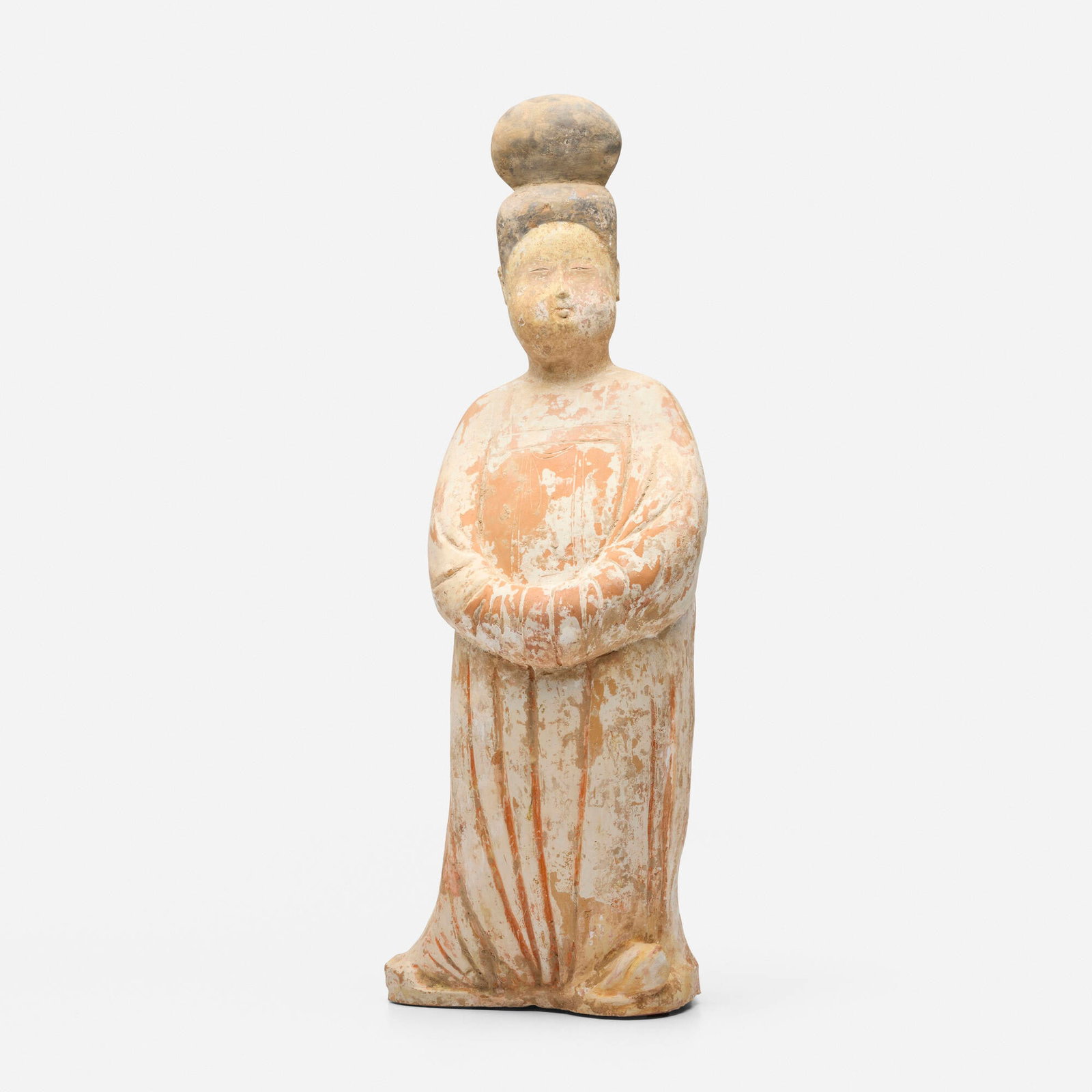 Chinese, Tall female tomb attendant: Chinese Tall female tomb attendant Tang dynasty or later straw-glazed earthenware 21.5 h x 7.5 w x 7.25 d in (55 x 19 x 18 cm) This work will ship from Lambertville, New Jersey.