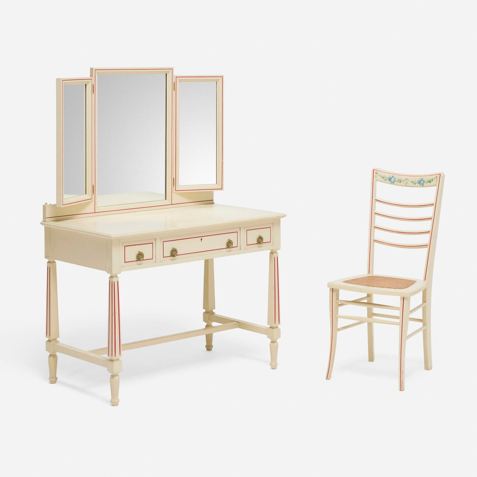 Elsie de Wolfe, Custom dressing table with chair: Elsie de Wolfe Custom dressing table with chair USA, c. 1911 painted wood, mirrored glass, brass, cane table: 56 h x 37.75 w x 21.25 d in (142 x 96 x 54 cm) chair: 36 h x 15.5 w x 19 d in (91 x 39 x 4