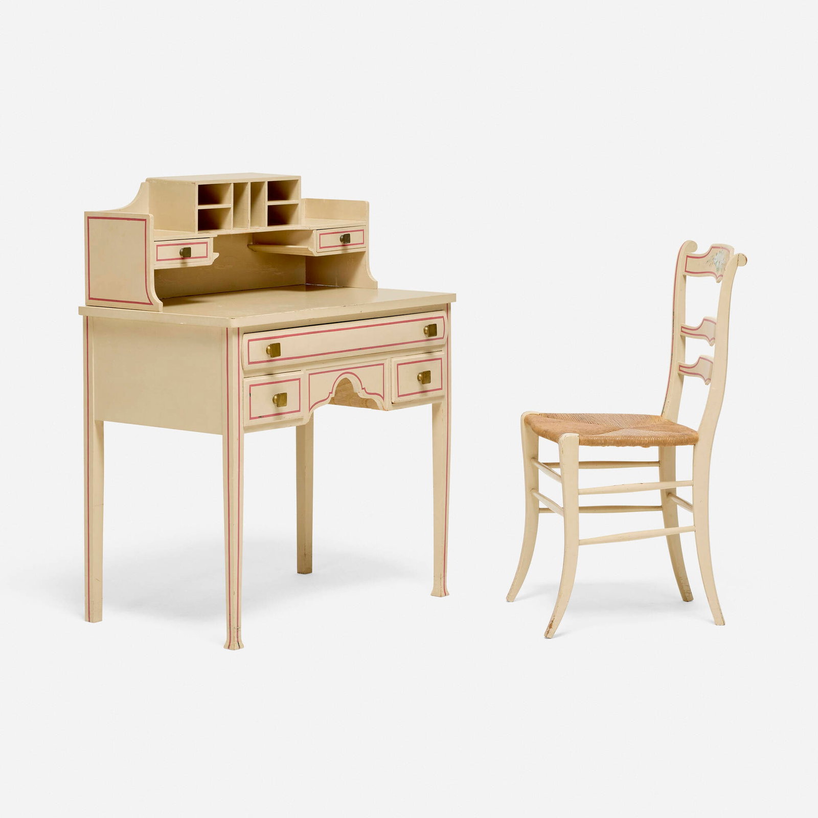 Elsie de Wolfe, Custom writing desk with chair: Elsie de Wolfe Custom writing desk with chair USA, c. 1911 painted wood, brass, paper cord desk: 39 h x 30.5 w x 19.5 d in (99 x 77 x 50 cm) chair: 33 h x 16.5 w x 16 d in (84 x 42 x 41 cm) The