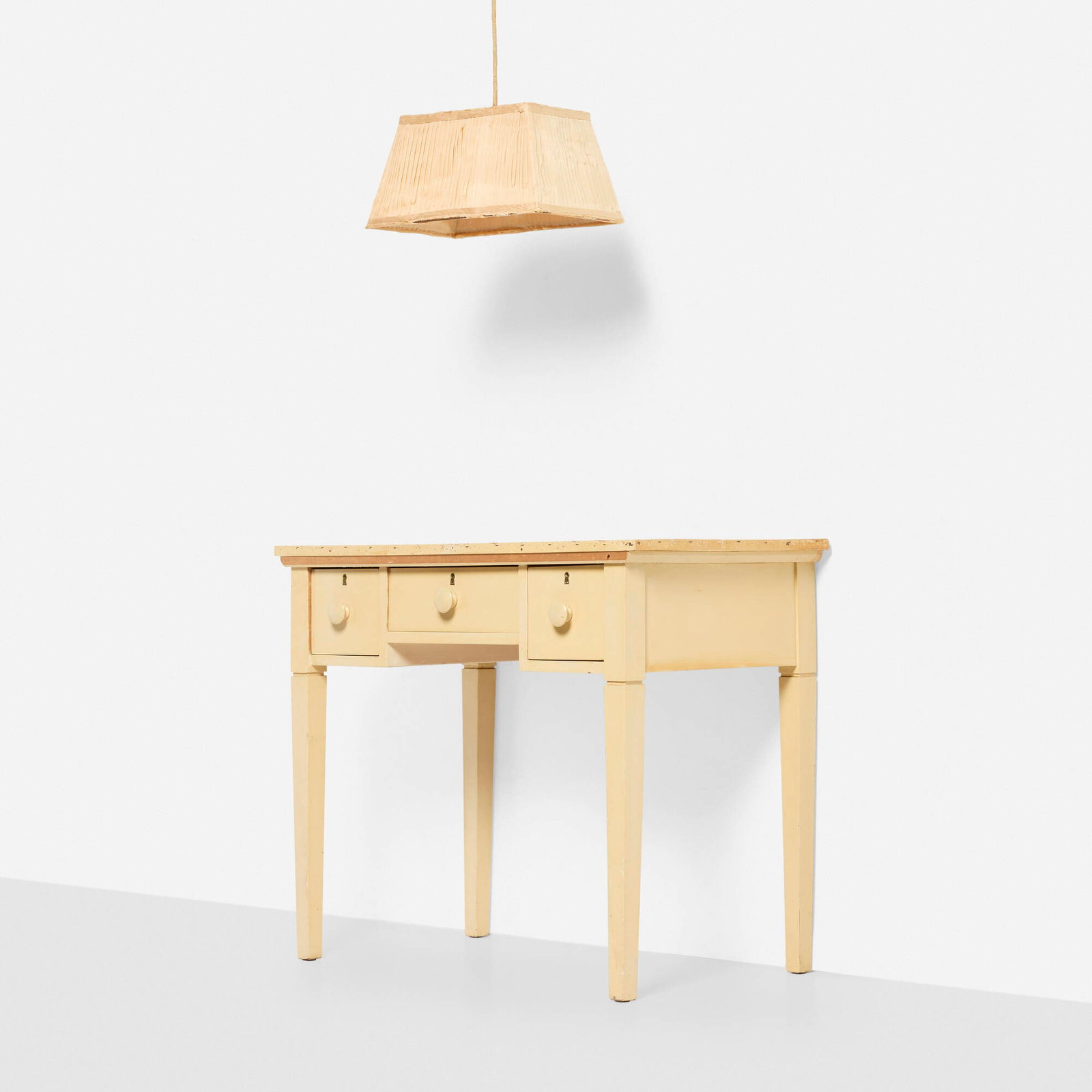Elsie de Wolfe, Custom writing table and pendant lamp: Elsie de Wolfe Custom writing table and pendant lamp USA, c. 1911 lacquered wood, silk, painted brass lamp: 17 h x 15.5 w x 4.5 d in (43 x 39 x 11 cm) table: 29 h x 35.5 w x 15 d in (74 x 90 x 38 cm) 