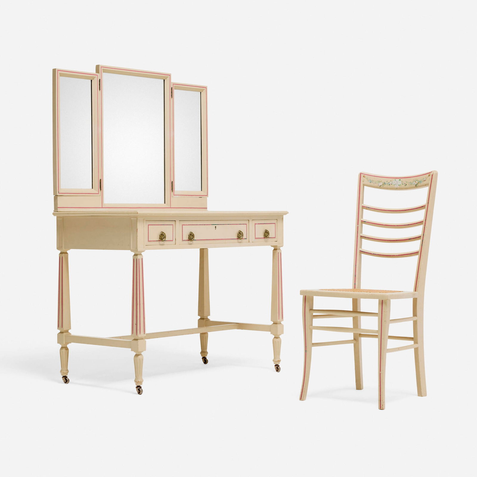 Elsie de Wolfe, Custom dressing table with chair: Elsie de Wolfe Custom dressing table with chair USA, c. 1911 painted wood, mirrored glass, brass, cane table: 56 h x 37.75 w x 21.25 d in (142 x 96 x 54 cm) chair: 36 h x 15.5 w x 19 d in (91 x 39 x 4