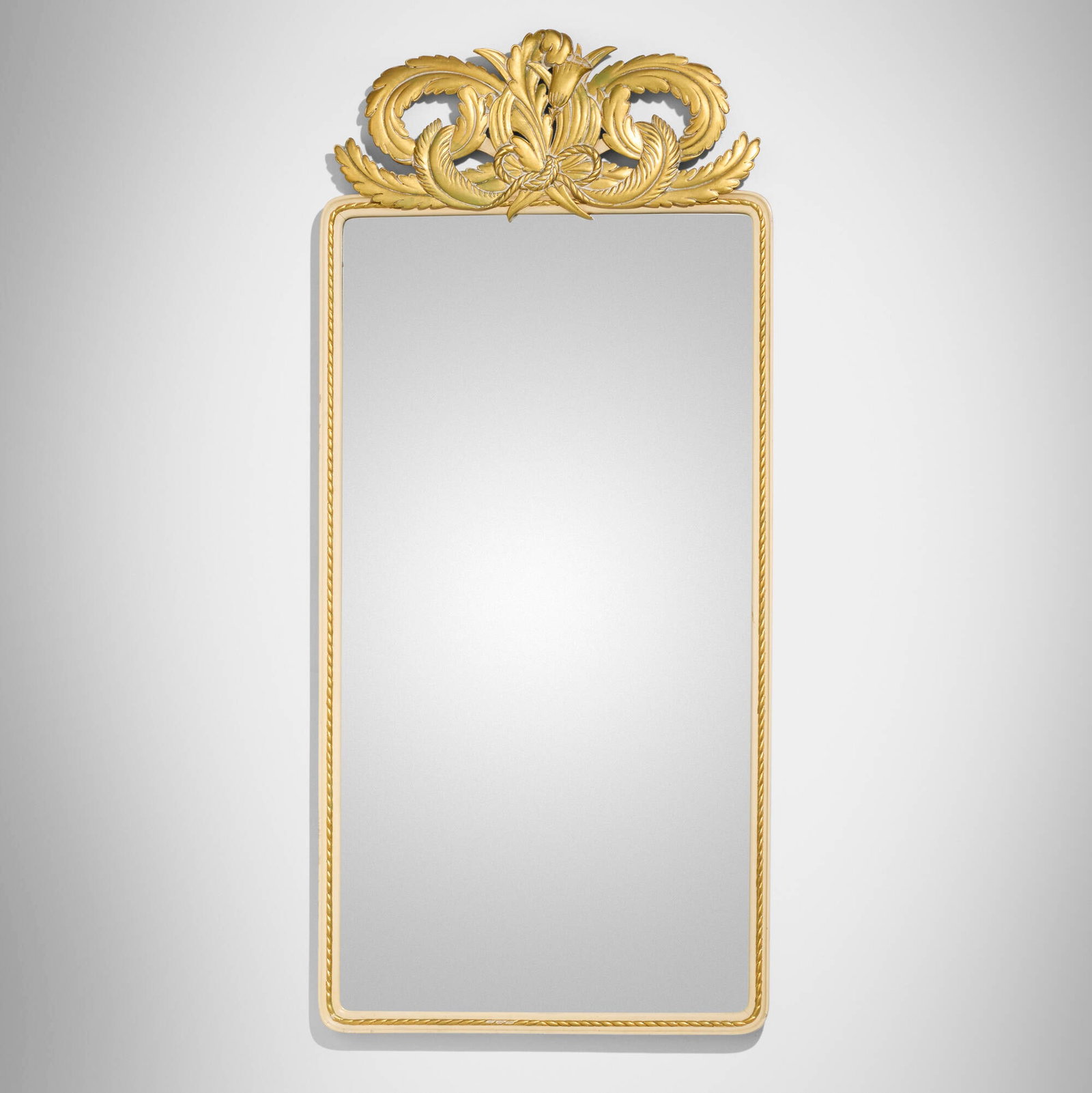 Giovanni Gariboldi, Wall mirror: Giovanni Gariboldi Wall mirror Quartri Italy, c. 1940 gilt and lacquered wood, mirrored glass 56.25 h x 25.5 w x 1.5 d in (143 x 65 x 4 cm) This work will ship from Lambertville, New Jersey.