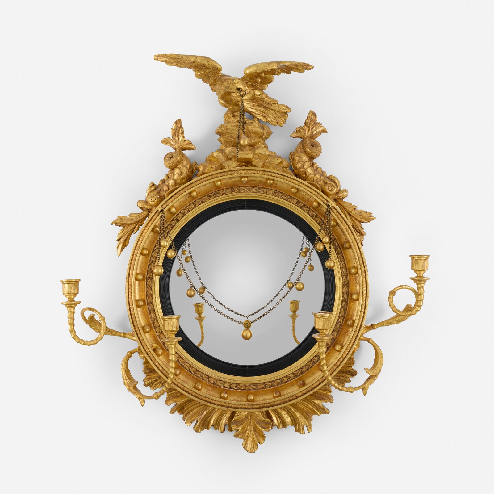 American or English, Girandole wall mirror with eagle and dolphins: American or English Girandole wall mirror with eagle and dolphins Federal or Regency period (early 19th century) gilt wood, mirrored glass, chain 40 h x 35 w x 9 d in (102 x 89 x 23 cm) This work