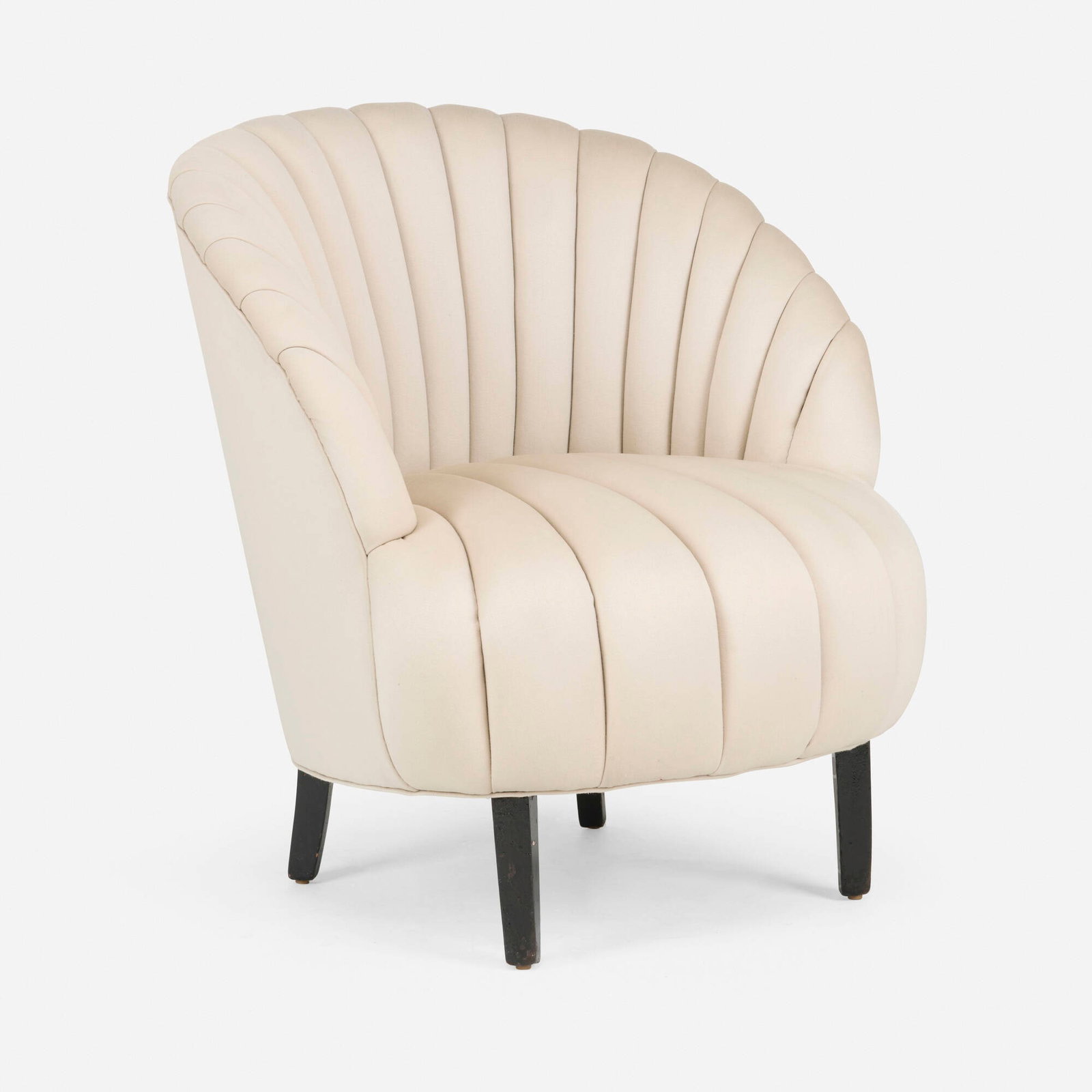 Modern, Clam Shell lounge chair: Modern Clam Shell lounge chair mid-20th century upholstery, painted wood 32 h x 29.5 w x 28 d in (81 x 75 x 71 cm) This work will ship from Lambertville, New Jersey.