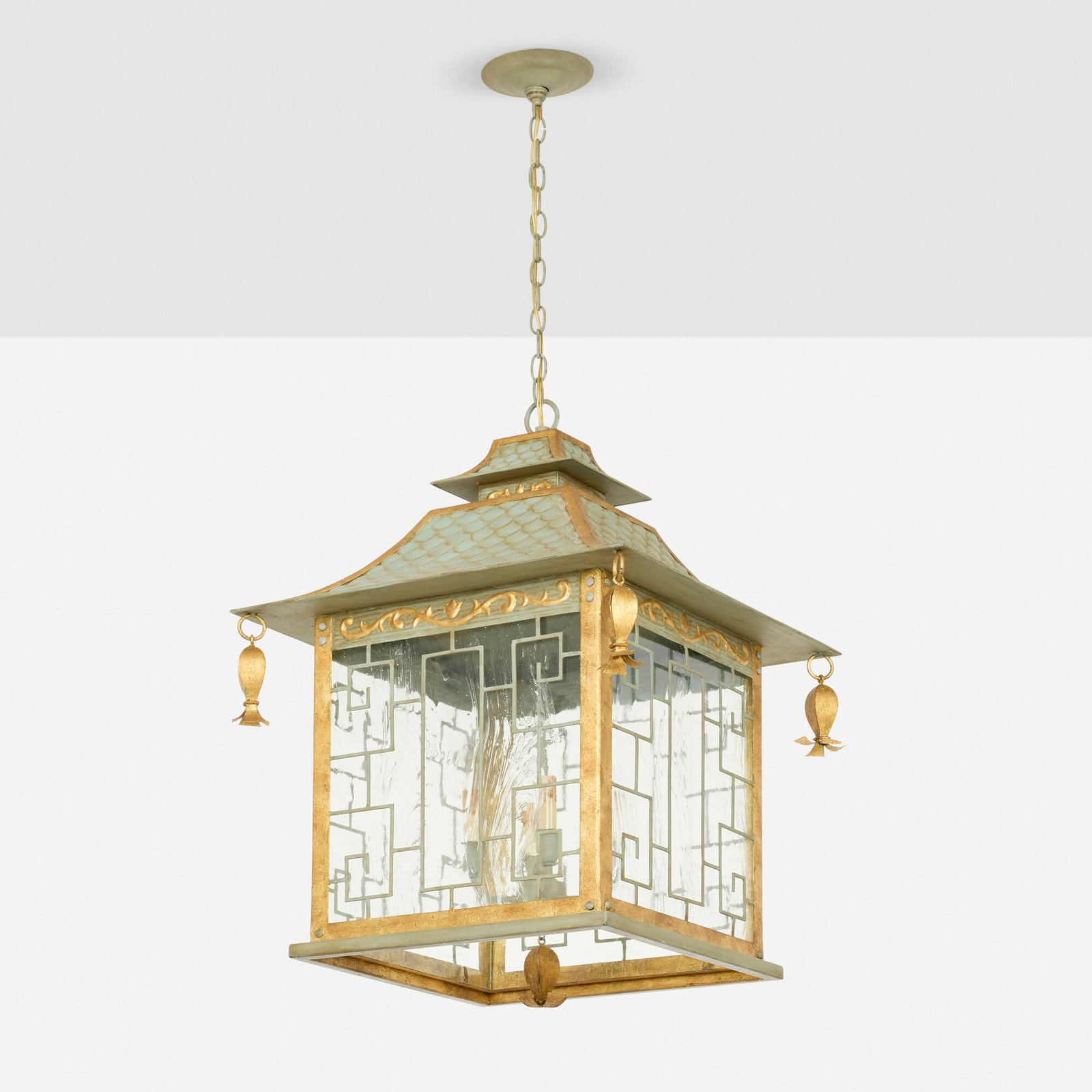 Currey & Company, Chinoiserie-style pendant lamp: Currey & Company Chinoiserie-style pendant lamp USA / The Philippines, 2007 patinated and gilt steel, glass 35 h x 22 w x 22 d in (89 x 56 x 56 cm) Decal manufacturer's label to canopy