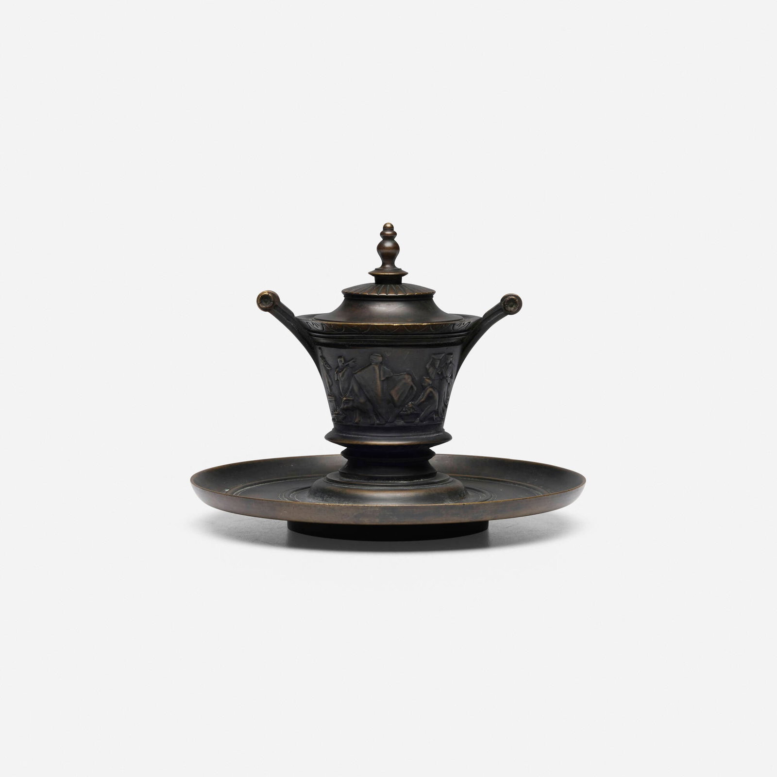 Continental, retailed by Tiffany & Co., Neoclassical urn-form inkwell with figures: Continental, retailed by Tiffany & Co. Neoclassical urn-form inkwell with figures c. 1880 patinated bronze 4.75 h x 6.25 dia in (12 x 16 cm) Impressed retailer's mark and number to underside 