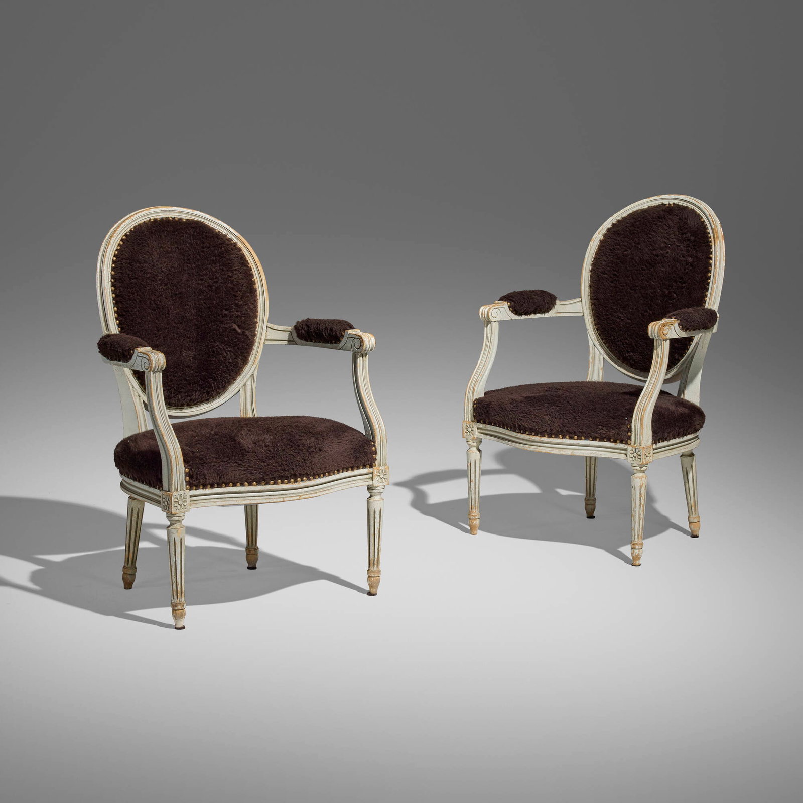 Jean-Baptiste III Lelarge, attribution, Fauteuils, pair: Jean-Baptiste III Lelarge, attribution Fauteuils, pair late 18th century painted and carved wood, synthetic fur upholstery 35 h x 24 w x 21 d in (89 x 61 x 53 cm) This work will ship from Los