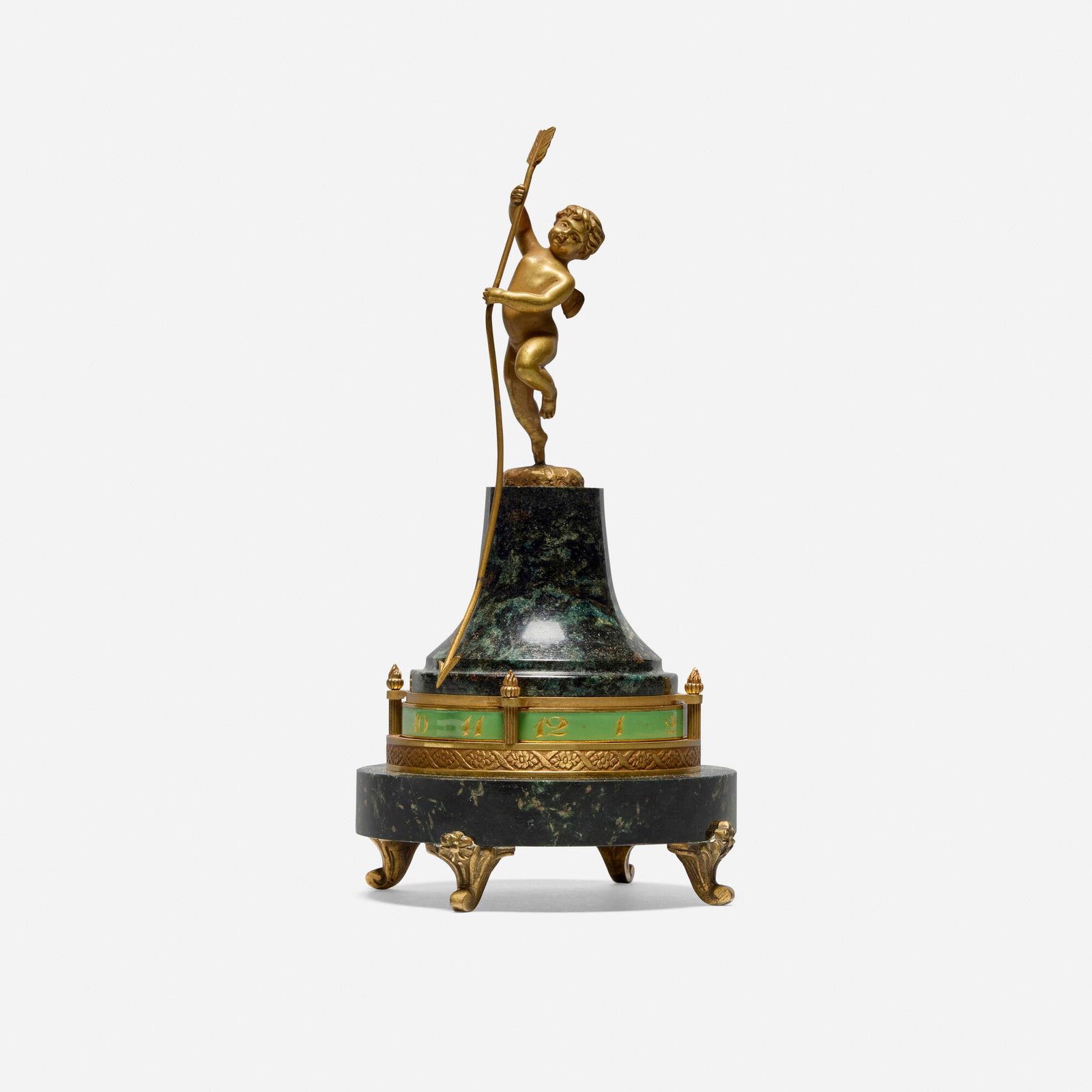 Ateliers Juvenia, Annular rotary clock with cupid and arrow: Ateliers Juvenia Annular rotary clock with cupid and arrow France / Switzerland, c. 1925 gilt bronze, marble, enamel 7.75 h x 3.75 dia in (20 x 10 cm) Harry J. Wild was an Academy Award-nominated