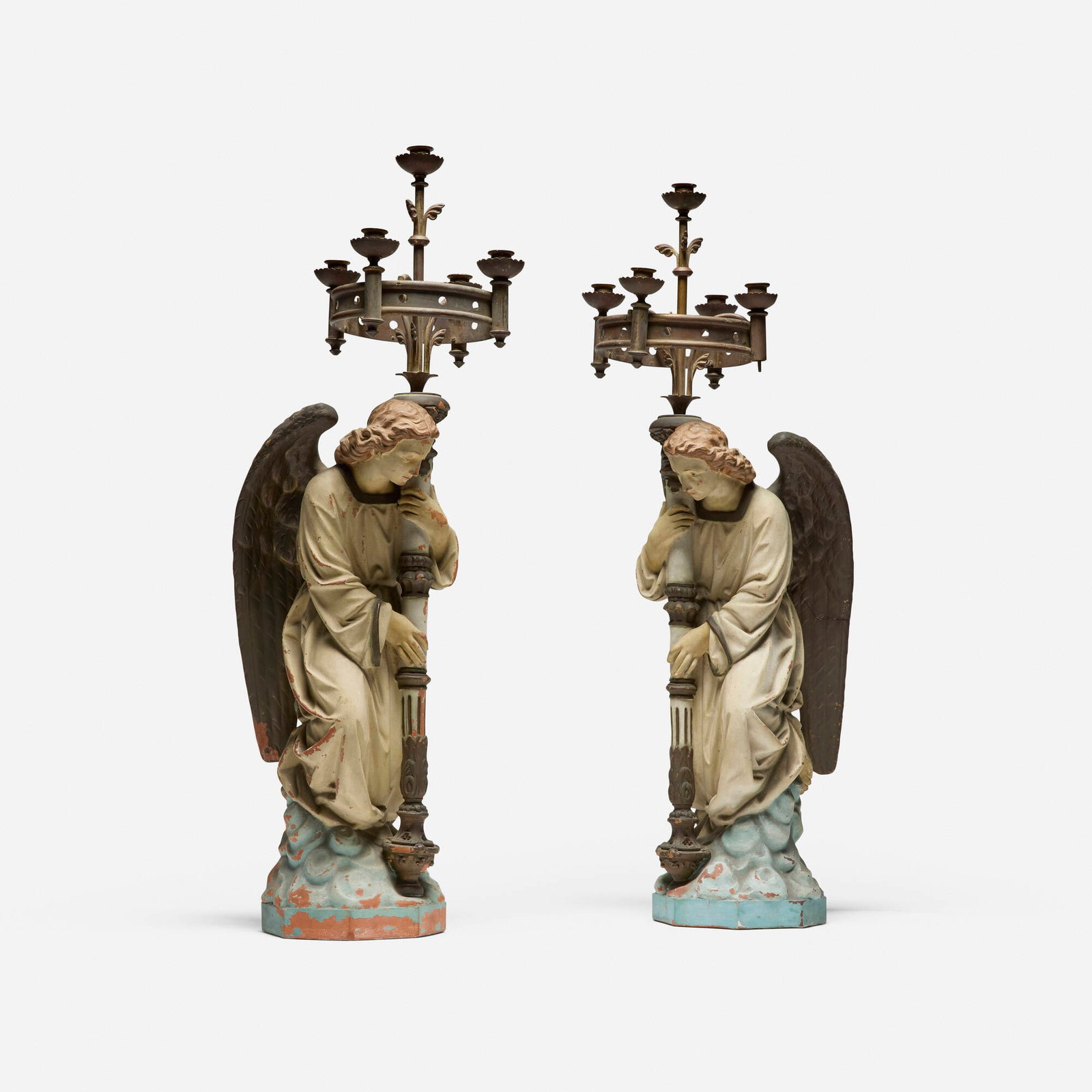 Antique, Large angel-form candelabra, pair: Antique Large angel-form candelabra, pair early 20th century polychromed earthenware, brass 39 h x 12 w x 14.75 d in (99 x 30 x 37 cm) This work will ship from Los Angeles, California.