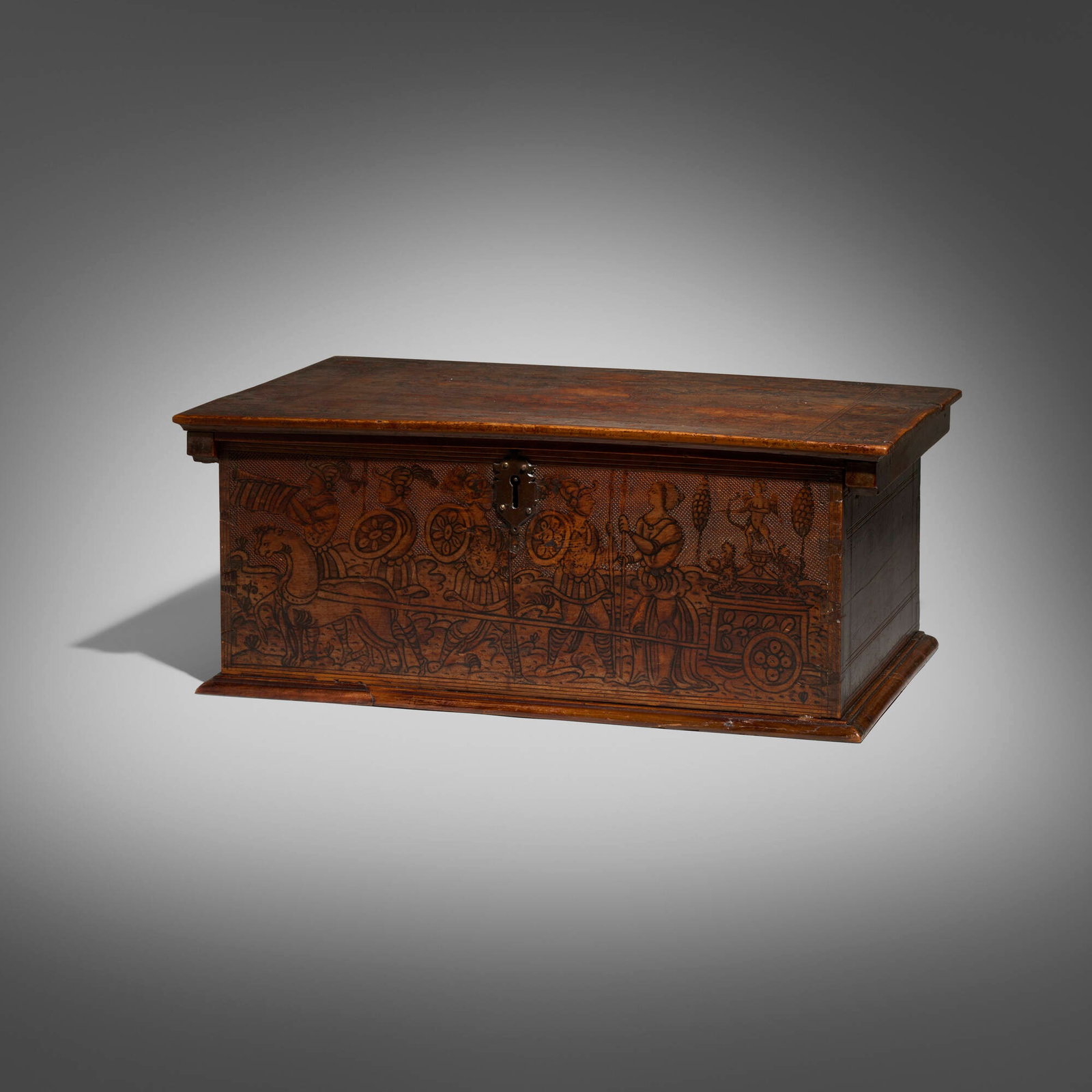Continental, Wedding box: Continental Wedding box 17th-18th century carved wood, iron, brass, leather 7.5 h x 19 w x 11.5 d in (19 x 48 x 29 cm) Box features several interior compartments and drawers. Inscribed under the