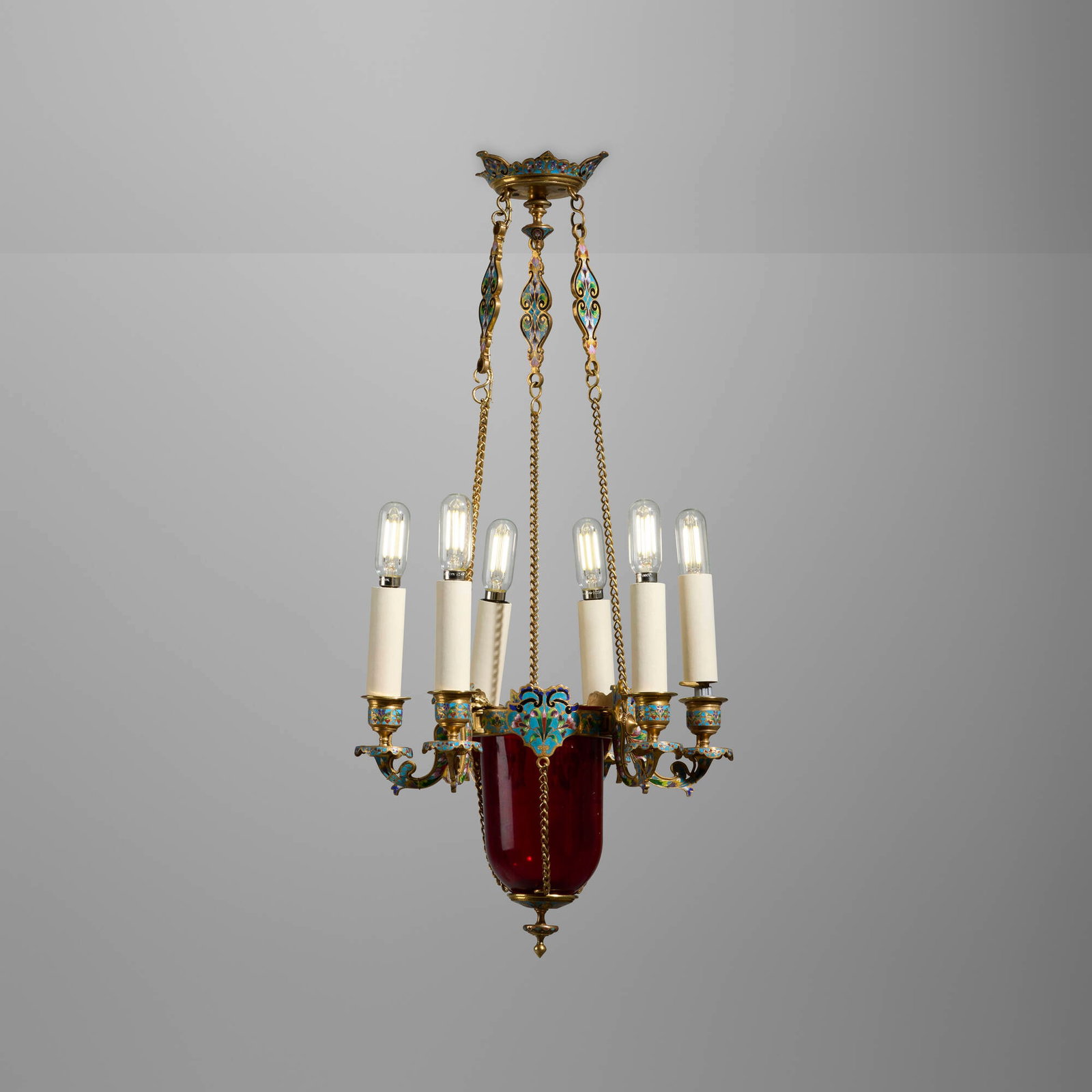Ferdinand Barbedienne, attribution, Chinoiserie chandelier: Ferdinand Barbedienne, attribution Chinoiserie chandelier c. 1880 gilt bronze, cloisonne enamel, glass 24.5 h x 12 dia in (62 x 30 cm) This work will ship from Lambertville, New Jersey.