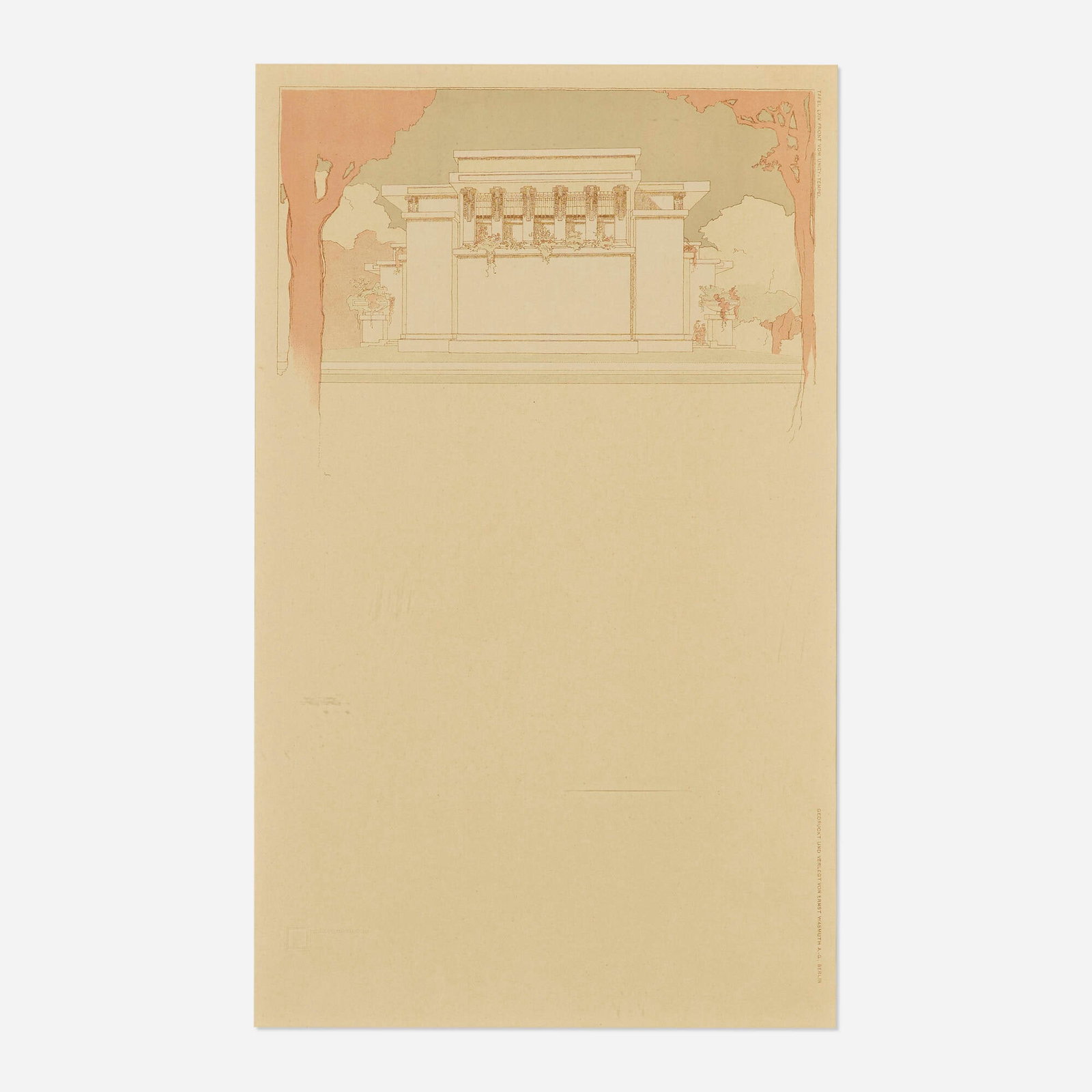Frank Lloyd Wright, Unity Temple (Plate LXIV from the Wasmuth portfolio): Frank Lloyd Wright Unity Temple (Plate LXIV from the Wasmuth portfolio) 1911 lithograph in colors image: 9.5 h x 12.75 w in (24 x 32 cm) sheet (sight): 23 h x 14 w in (58 x 36 cm) Embossed blindstamp 